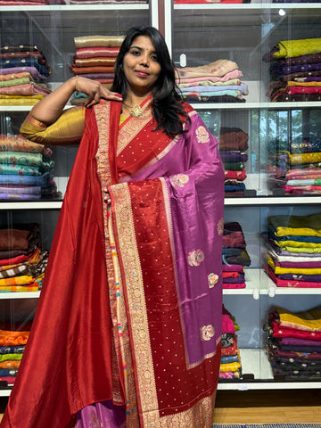 PURE CHINNON SILK SAREE WITH MEENA GAP BORER: ONION PINK