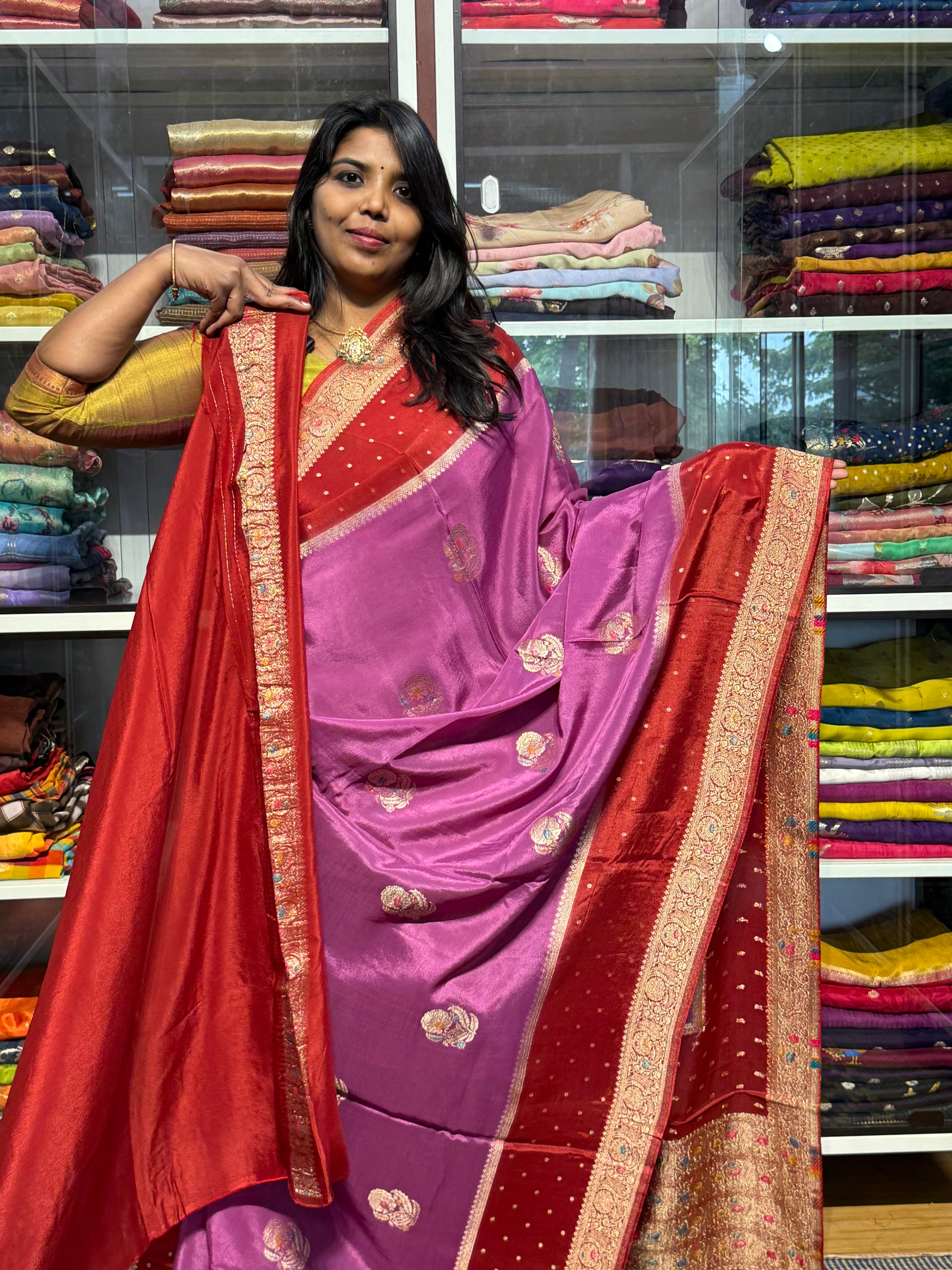 PURE CHINNON SILK SAREE WITH MEENA GAP BORER: ONION PINK