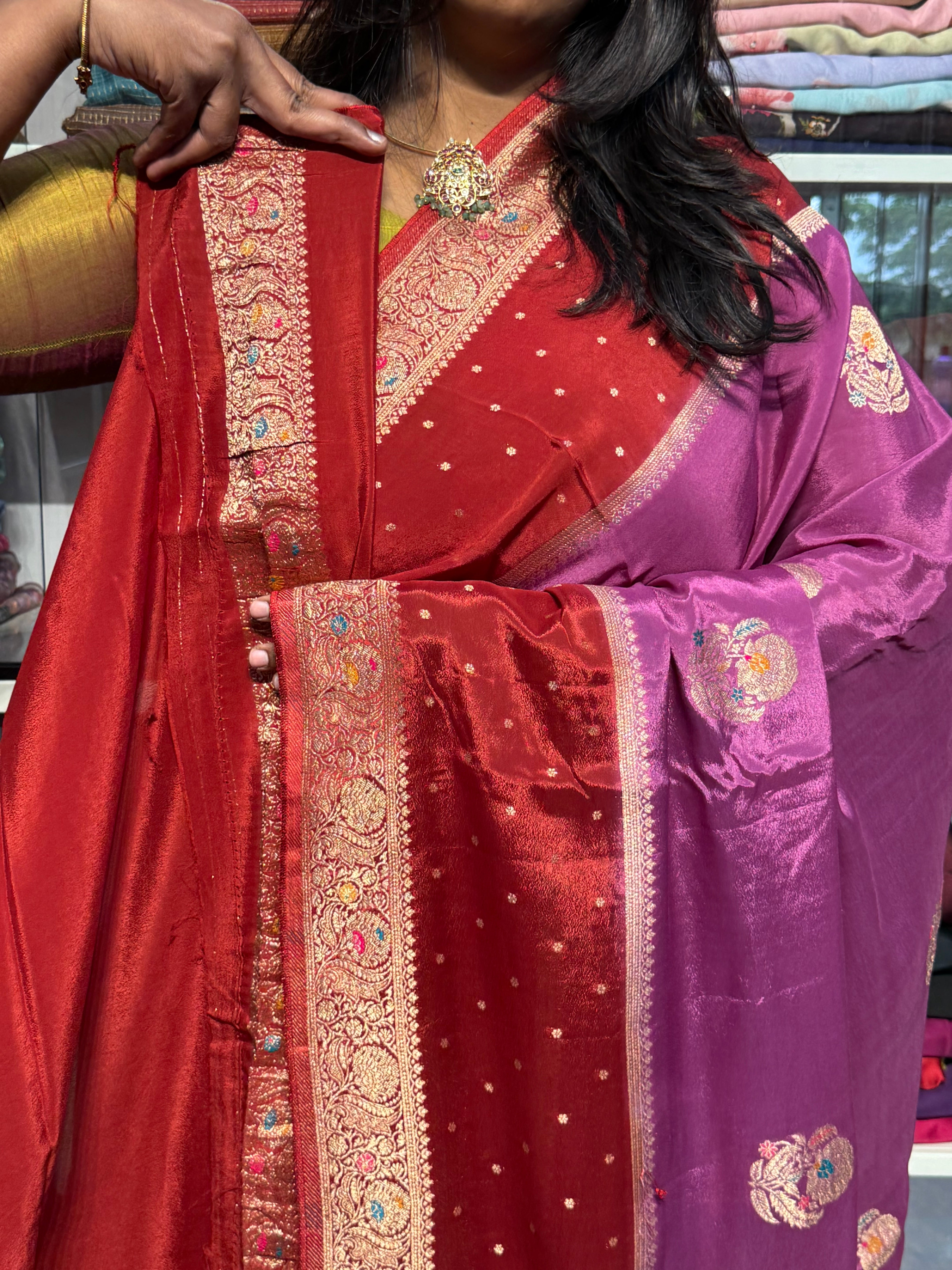 PURE CHINNON SILK SAREE WITH MEENA GAP BORER: ONION PINK