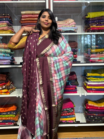 MULTI COLOR MADRAS CHECKS WITH GAP BORDER AND PENKALAMKARI PALLU
