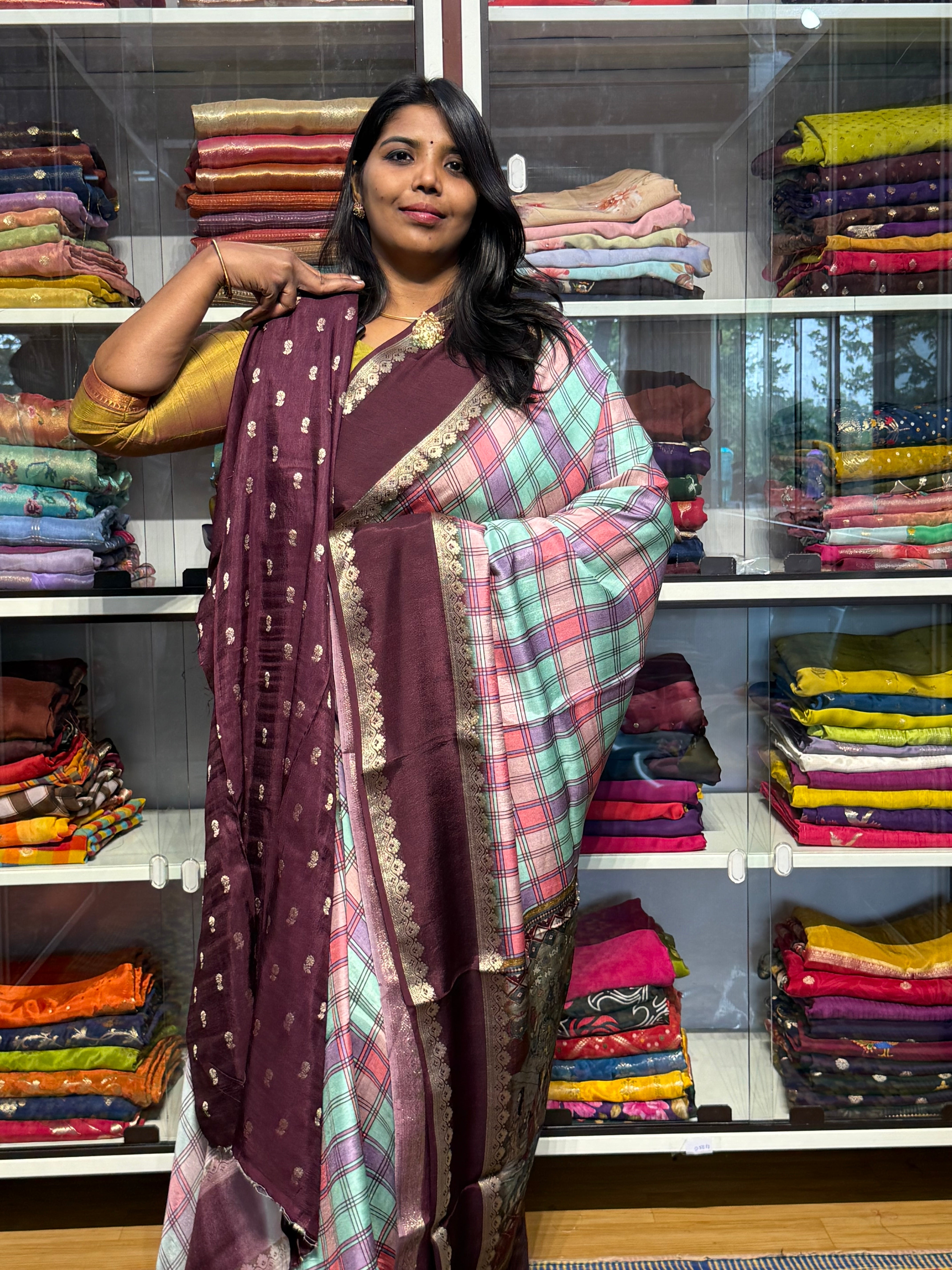 MULTI COLOR MADRAS CHECKS WITH GAP BORDER AND PENKALAMKARI PALLU