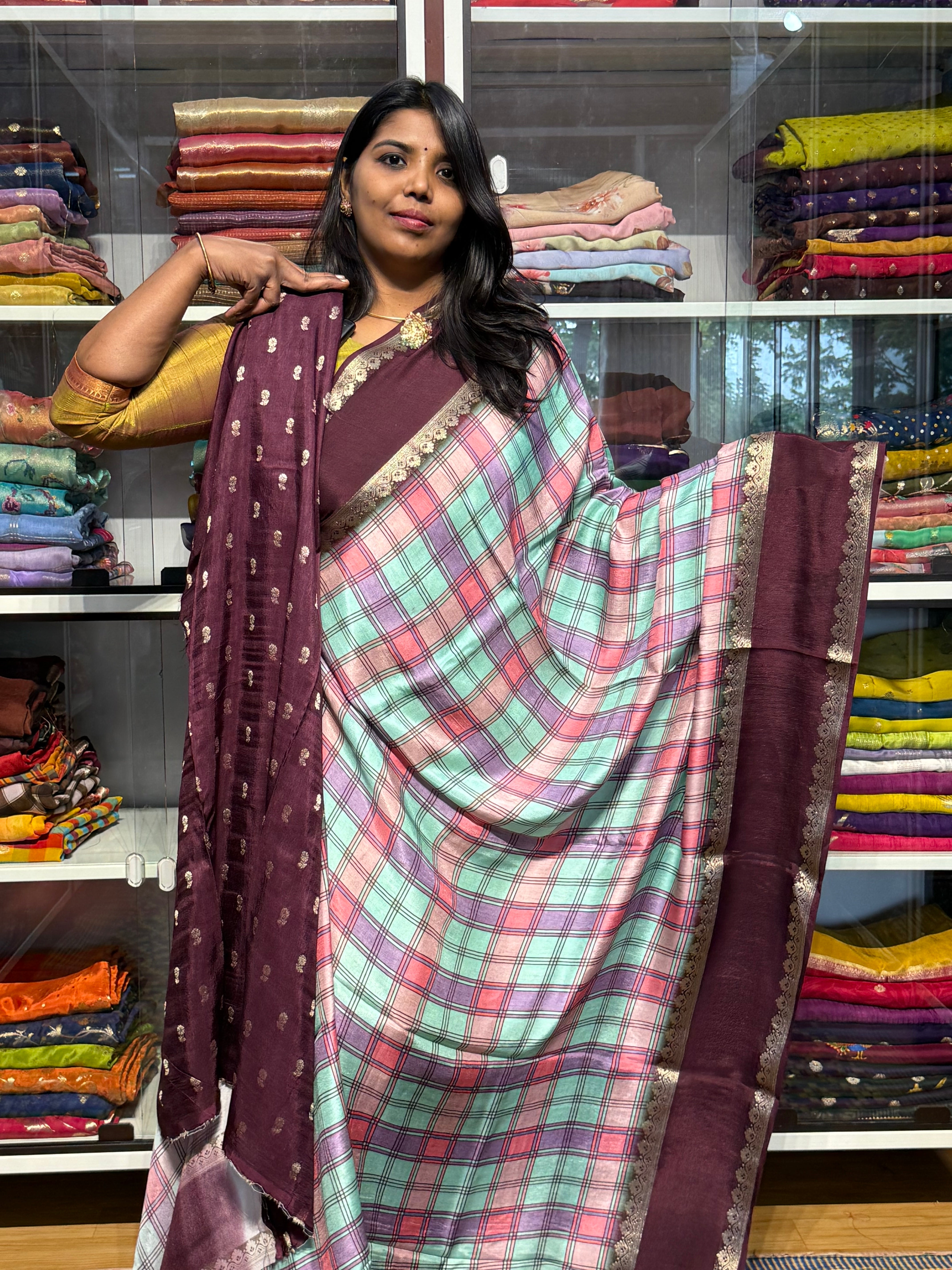 MULTI COLOR MADRAS CHECKS WITH GAP BORDER AND PENKALAMKARI PALLU