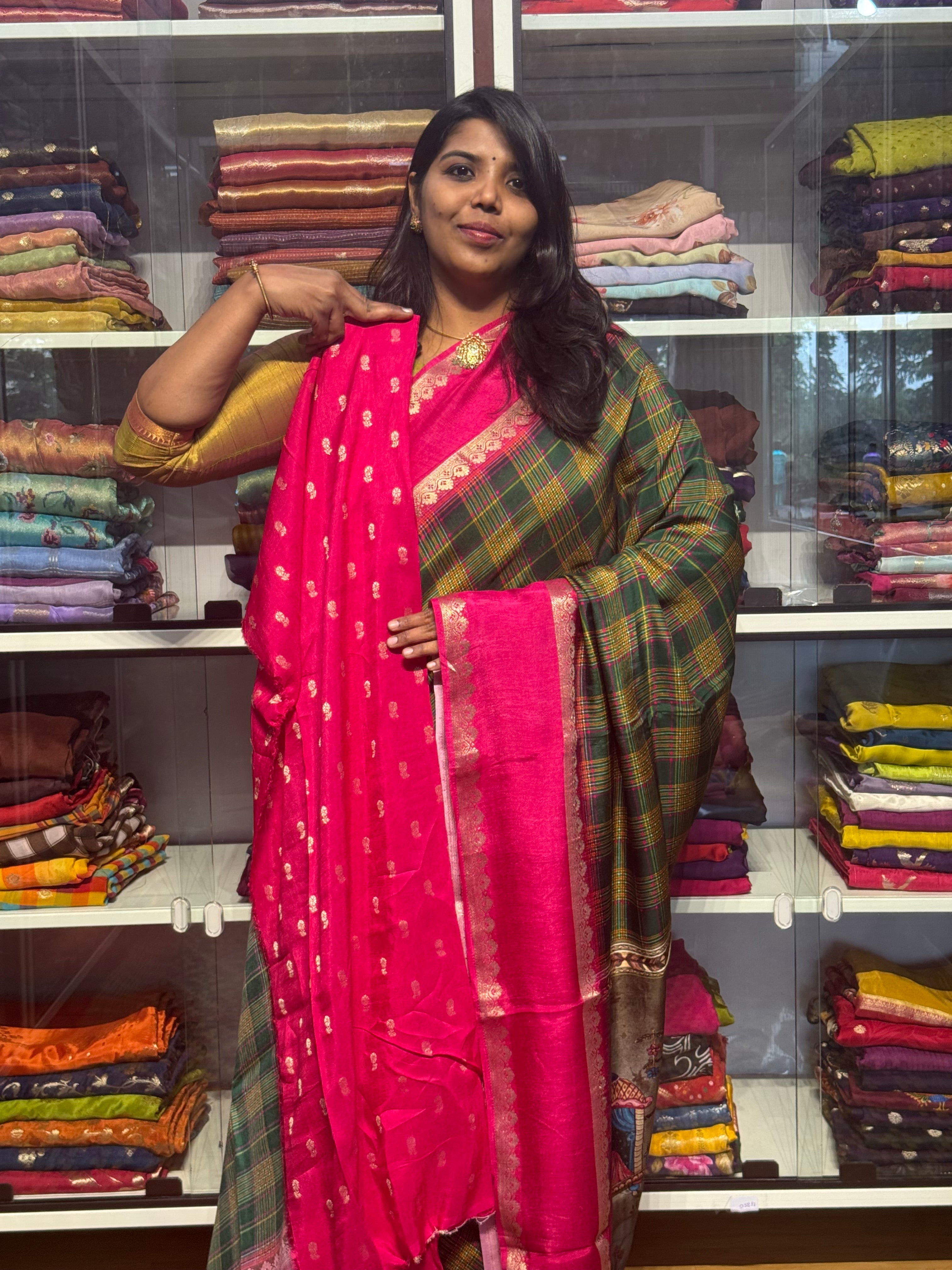 MULTI COLOR MADRAS CHECKS WITH GAP BORDER AND PENKALAMKARI PALLU