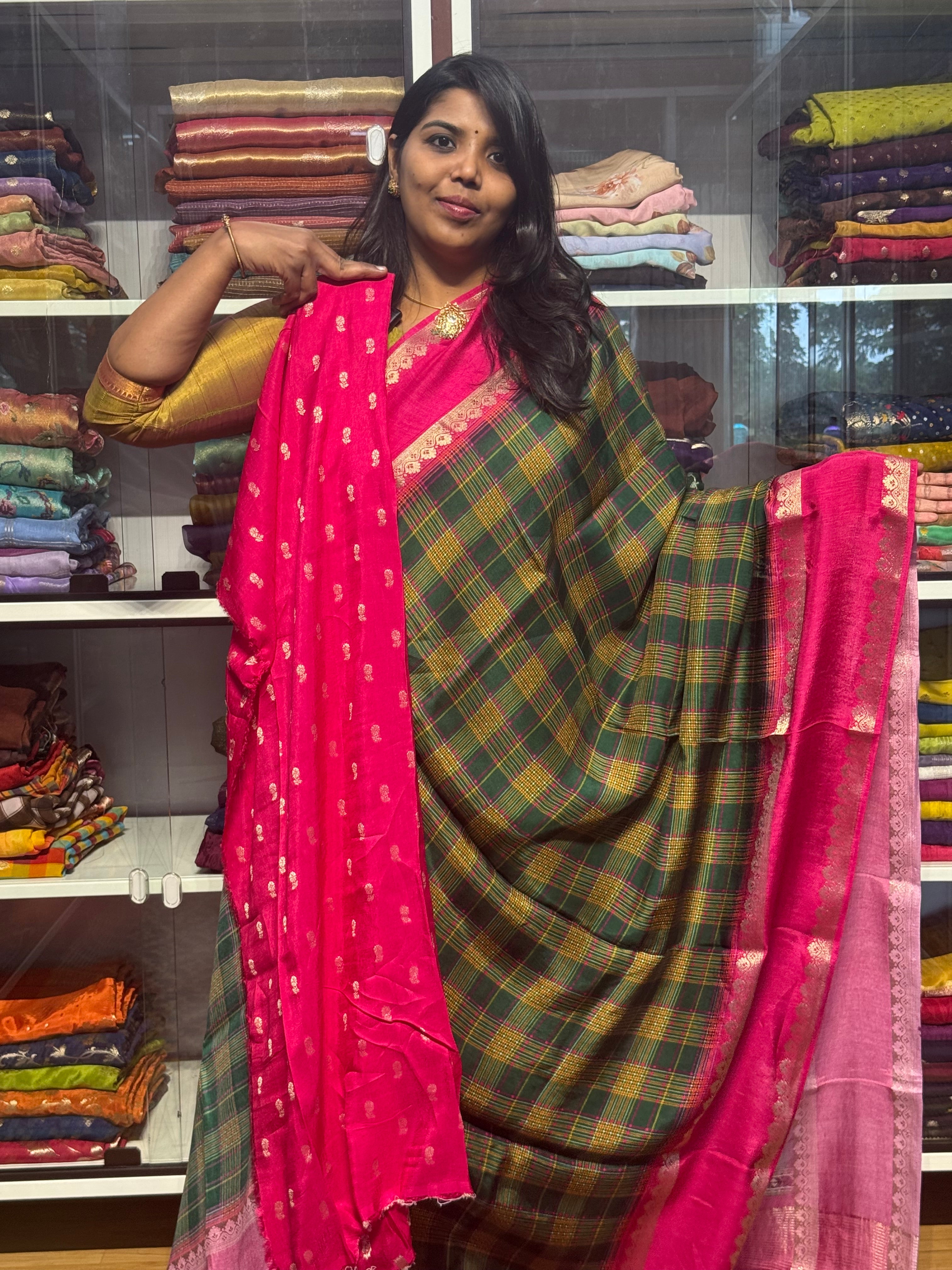 MULTI COLOR MADRAS CHECKS WITH GAP BORDER AND PENKALAMKARI PALLU
