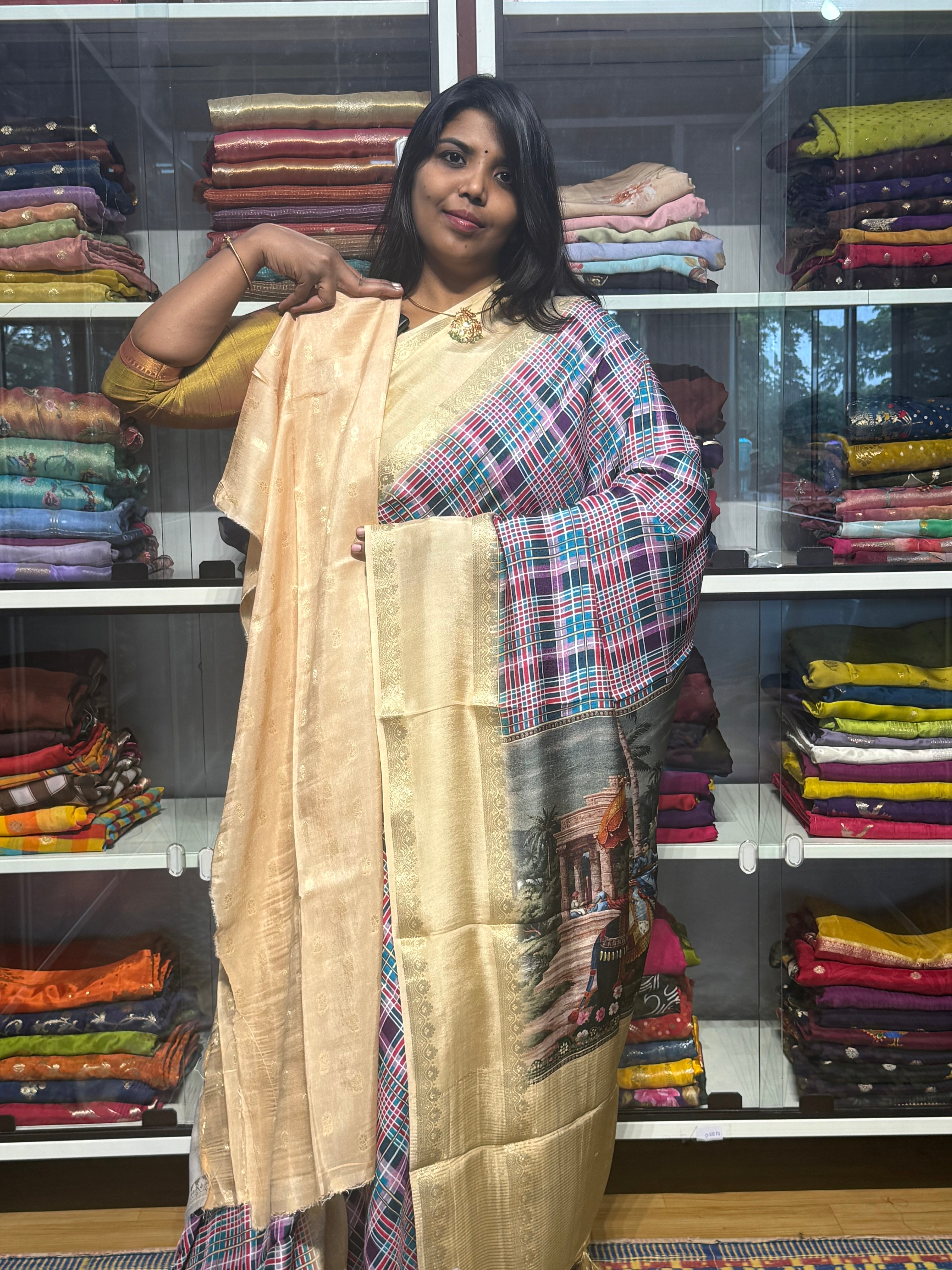 MULTI COLOR MADRAS CHECKS WITH GAP BORDER AND PENKALAMKARI PALLU