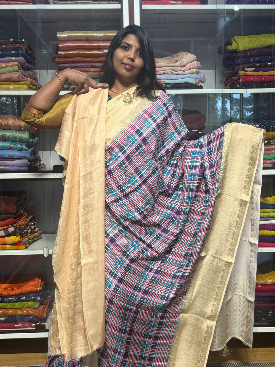 MULTI COLOR MADRAS CHECKS WITH GAP BORDER AND PENKALAMKARI PALLU