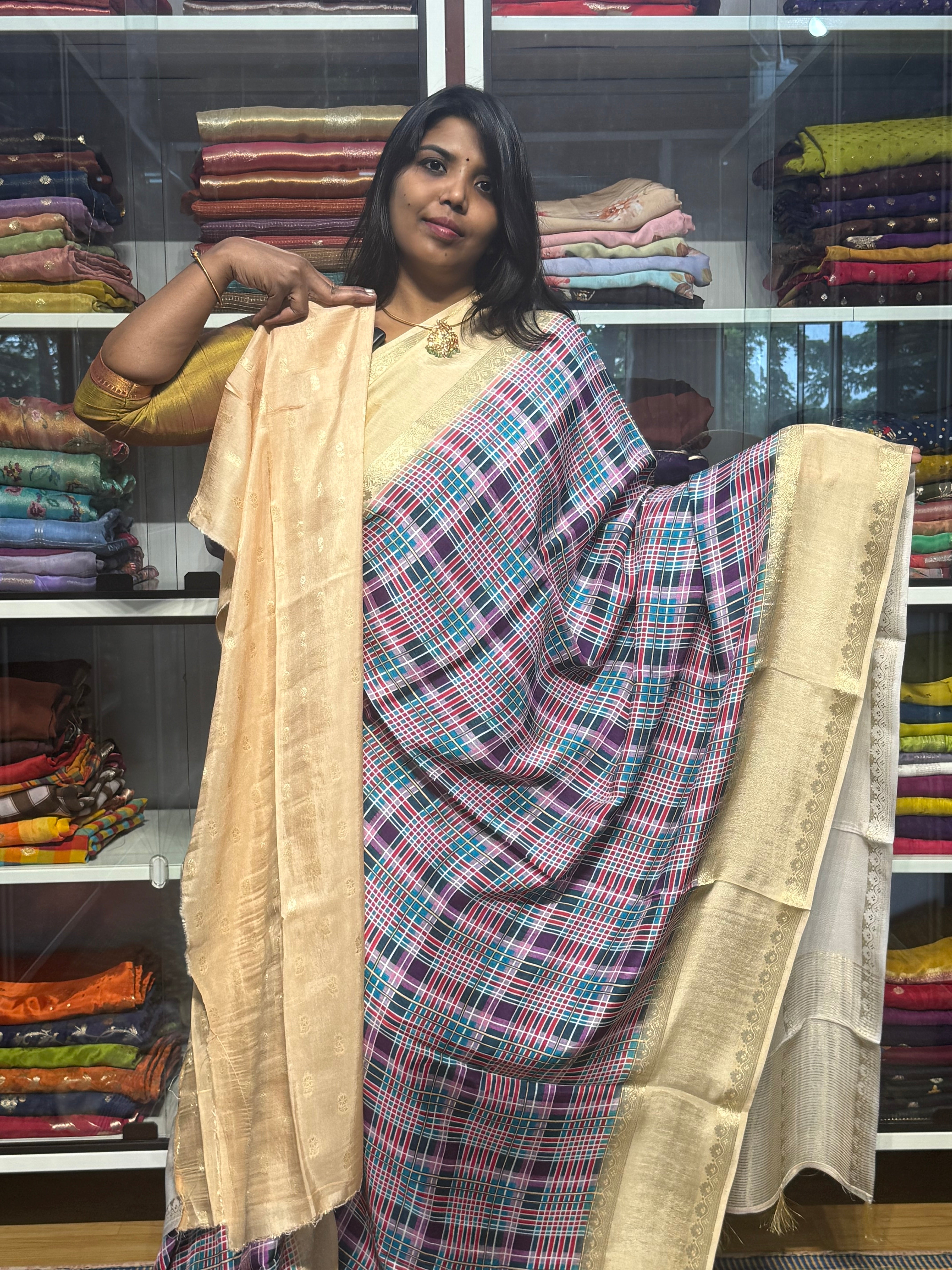 MULTI COLOR MADRAS CHECKS WITH GAP BORDER AND PENKALAMKARI PALLU