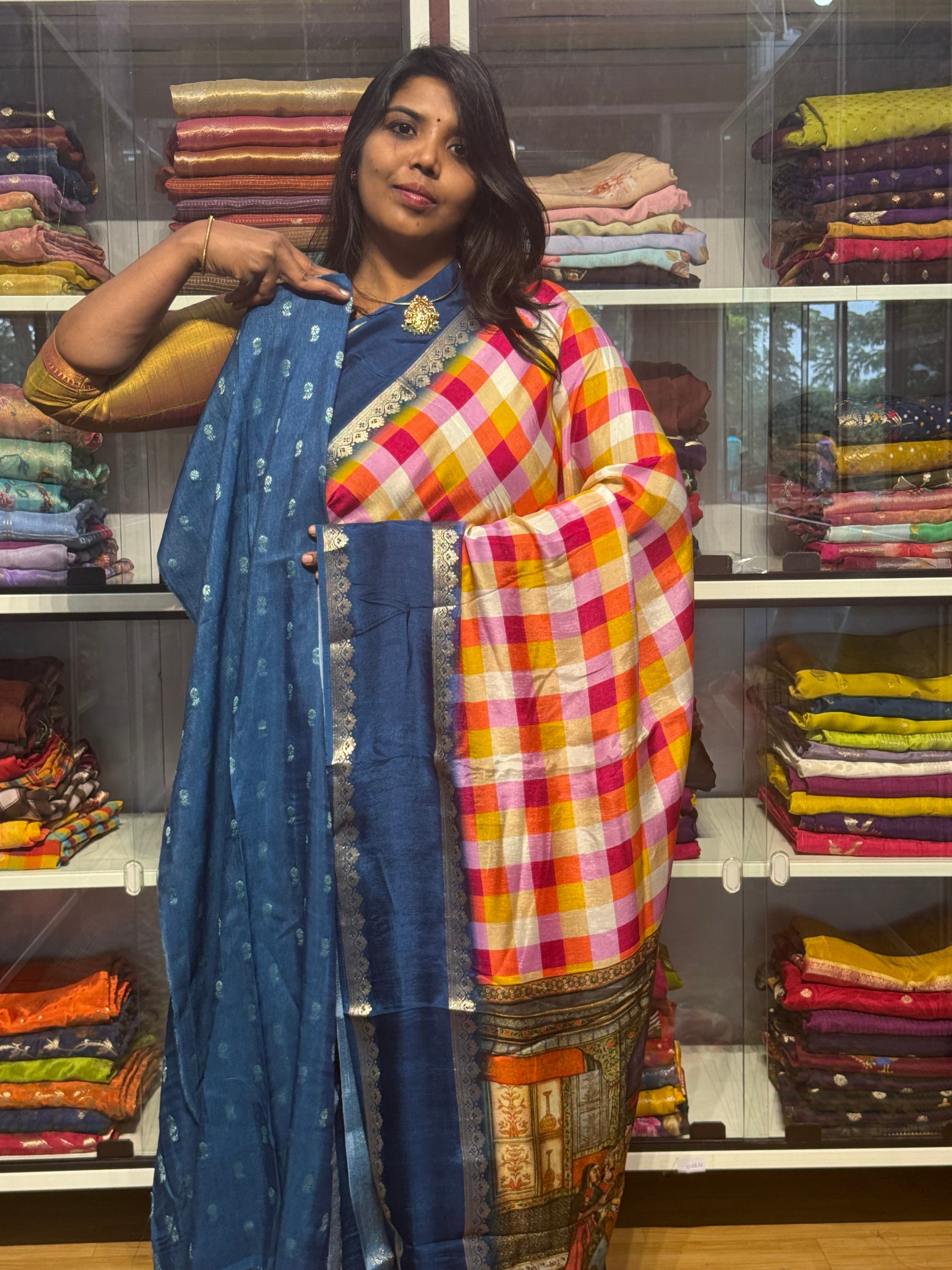 MULTI COLOR MADRAS CHECKS WITH GAP BORDER AND PENKALAMKARI PALLU