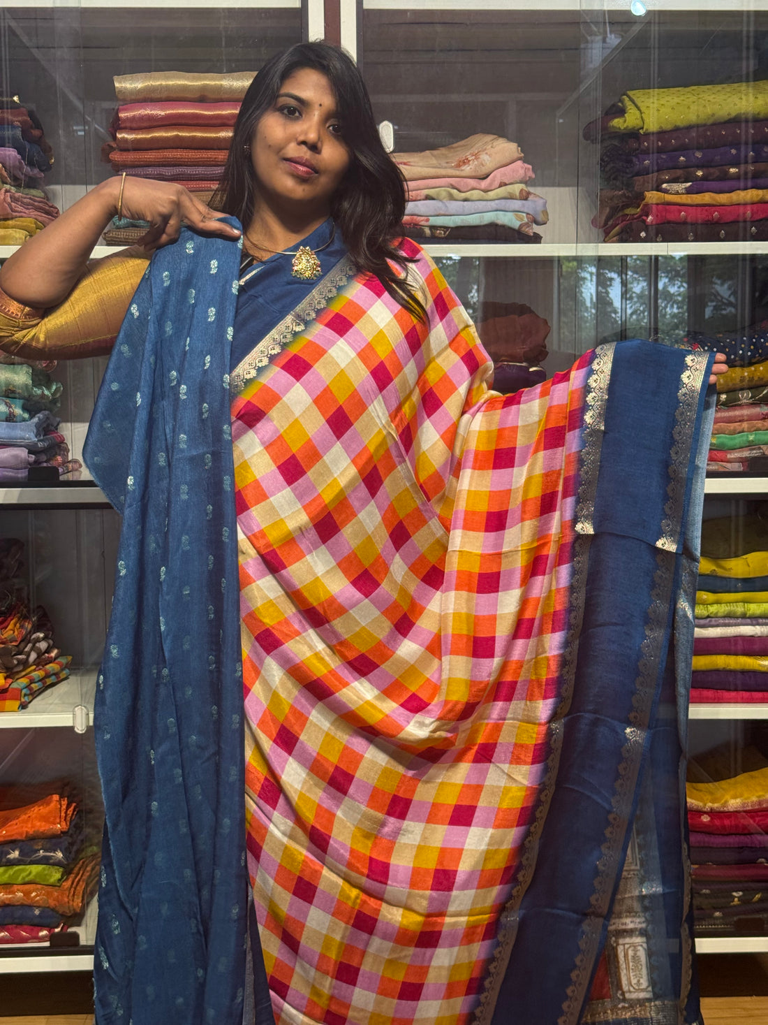 MULTI COLOR MADRAS CHECKS WITH GAP BORDER AND PENKALAMKARI PALLU