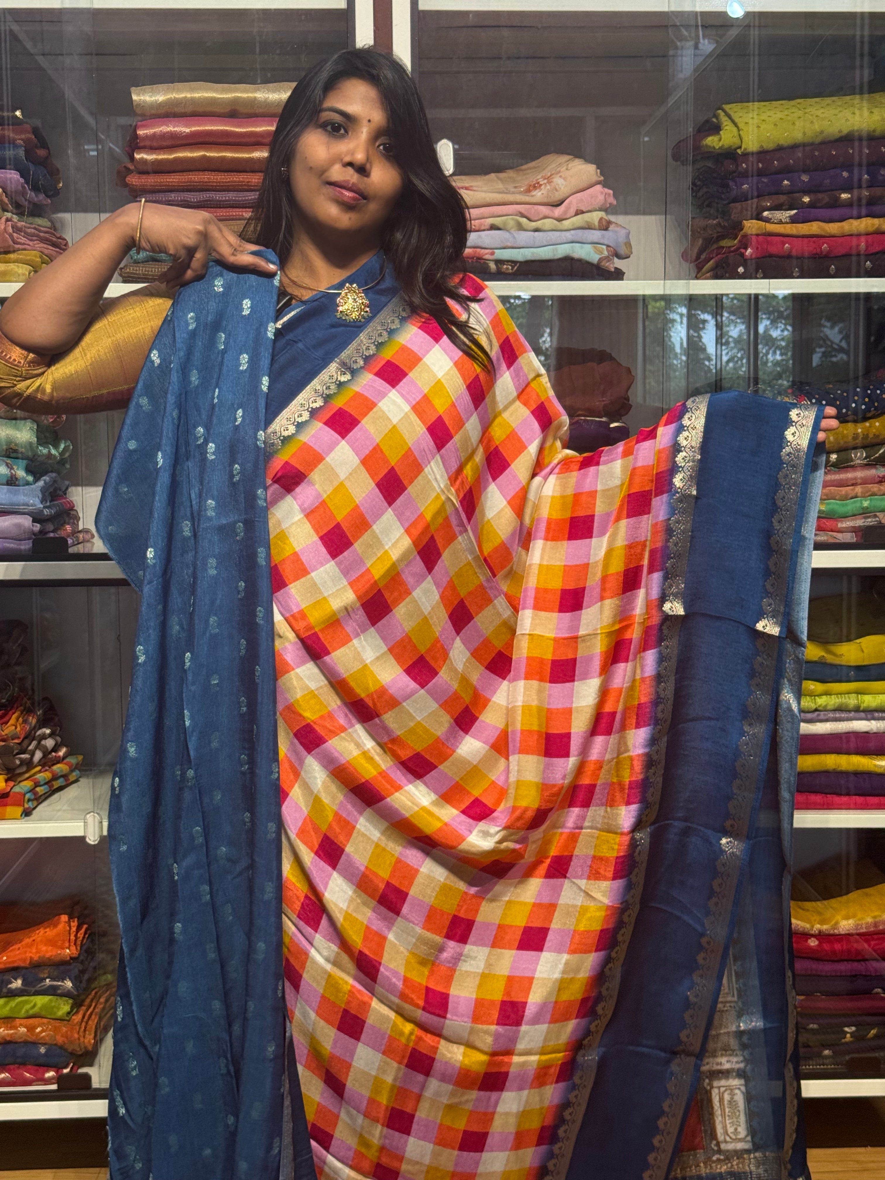 MULTI COLOR MADRAS CHECKS WITH GAP BORDER AND PENKALAMKARI PALLU