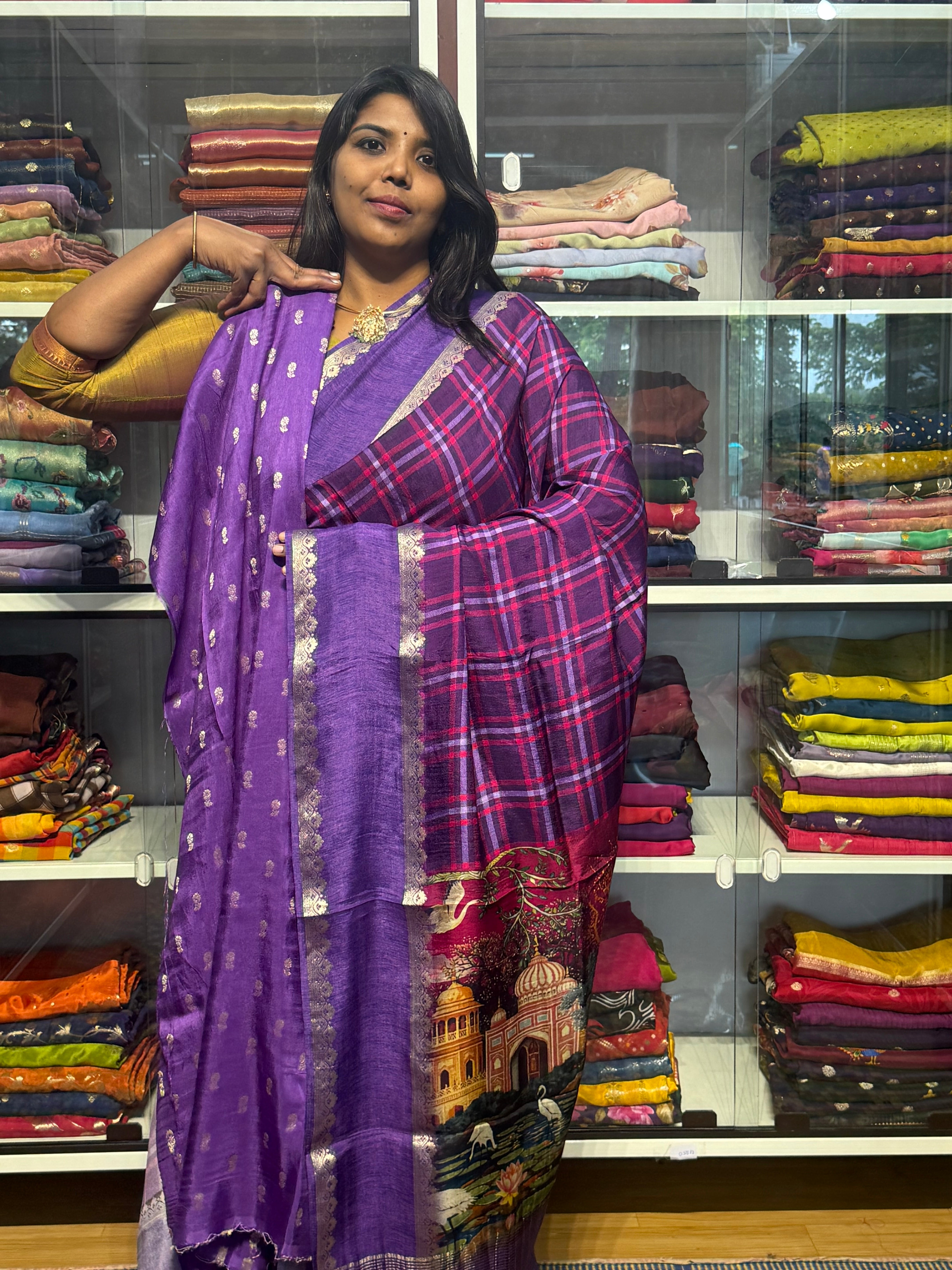 MULTI COLOR MADRAS CHECKS WITH GAP BORDER AND PENKALAMKARI PALLU