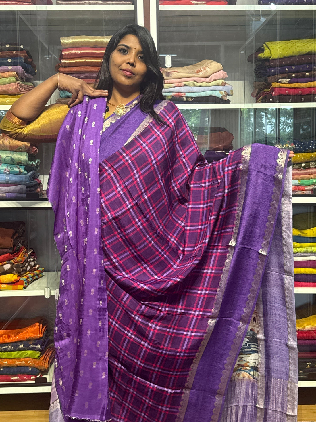 MULTI COLOR MADRAS CHECKS WITH GAP BORDER AND PENKALAMKARI PALLU