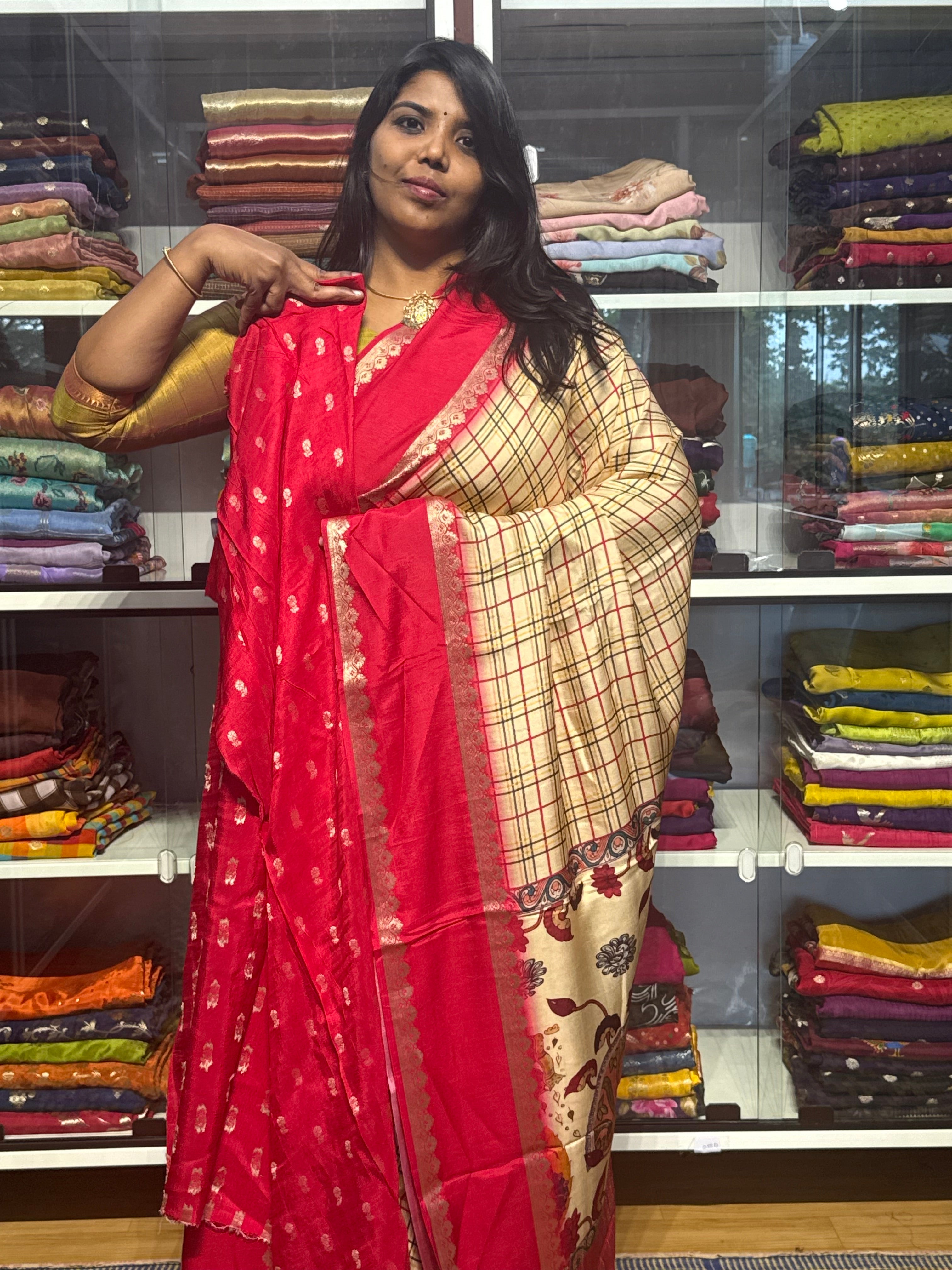 MULTI COLOR MADRAS CHECKS WITH GAP BORDER AND PENKALAMKARI PALLU