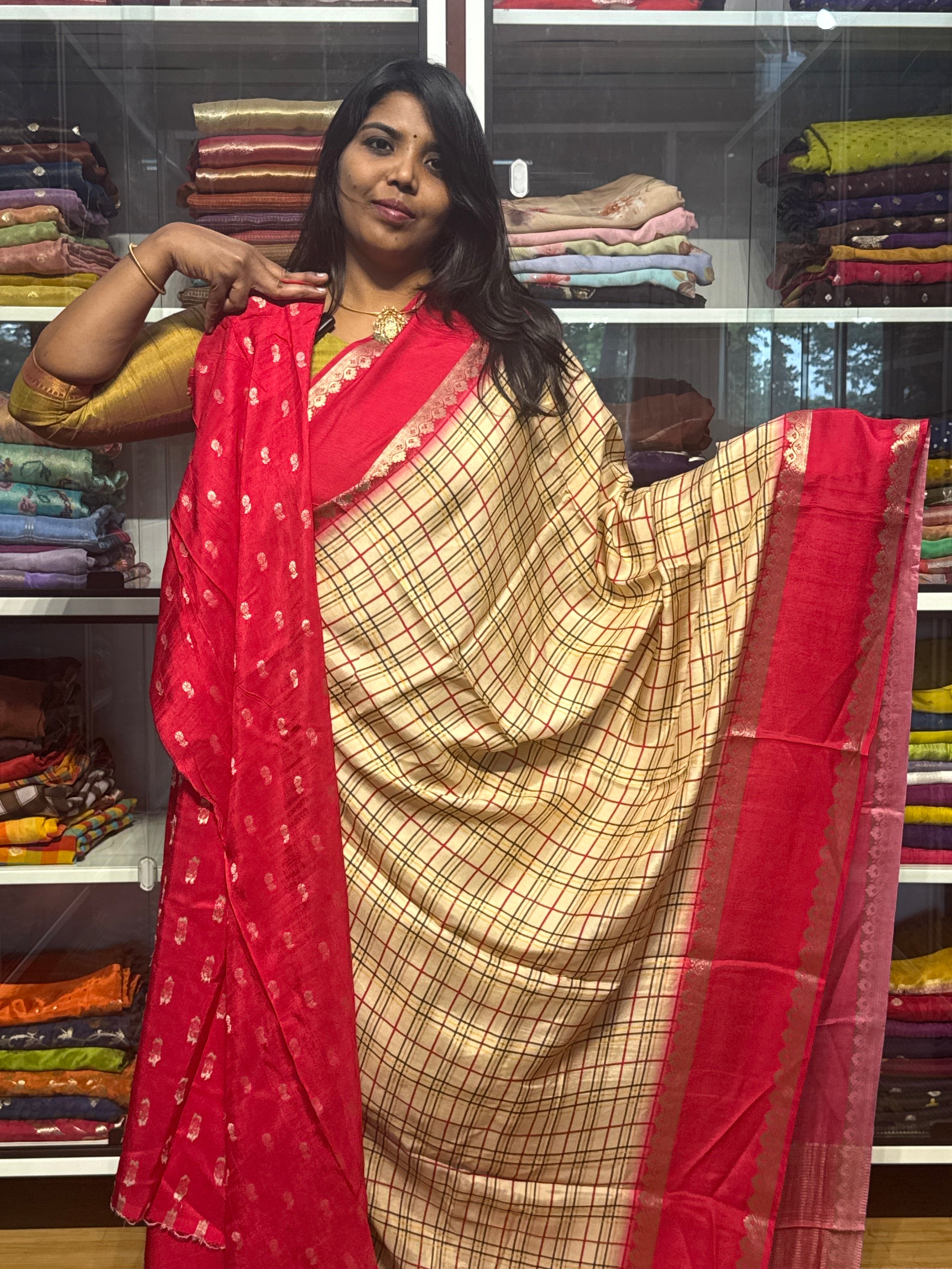 MULTI COLOR MADRAS CHECKS WITH GAP BORDER AND PENKALAMKARI PALLU