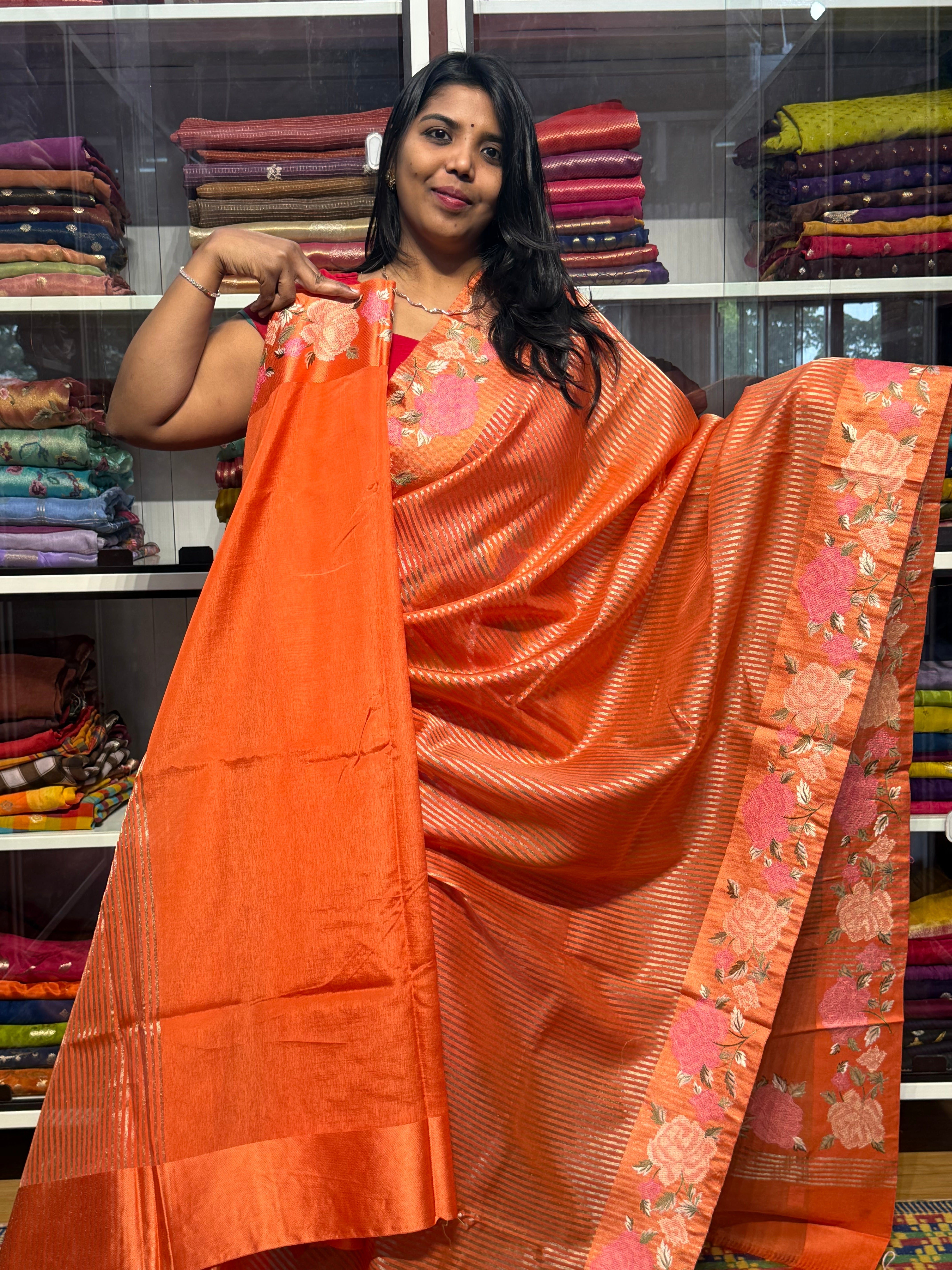 PETIT POINT EMBROIDERY ON TISSUE STRIPES SAREEE: ORANGE (KANAKAMBRAM)