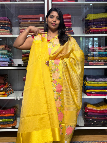 PETIT POINT EMBROIDERY ON TISSUE STRIPES SAREEE: LEMON YELLOW