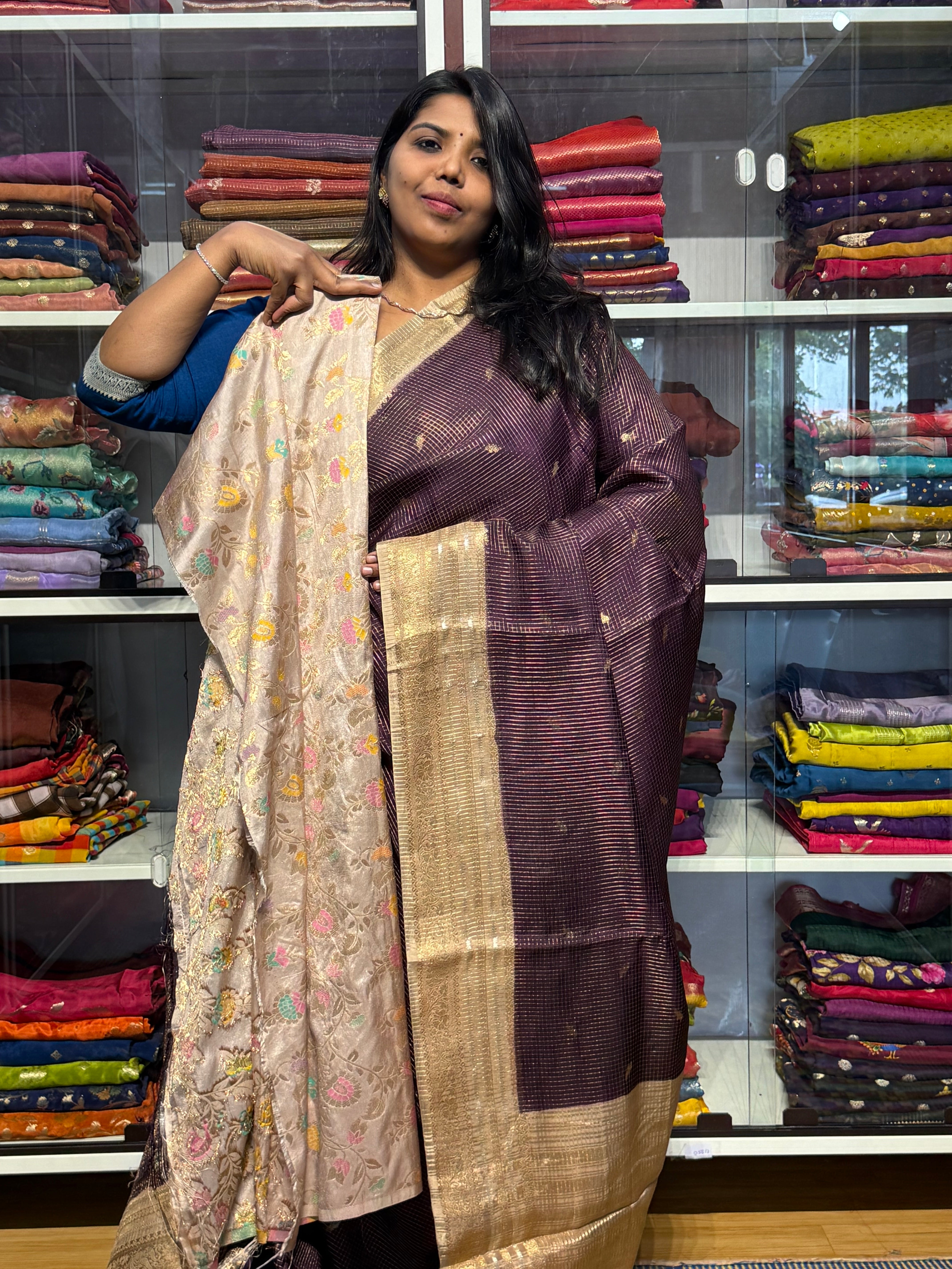 VINTAGE CHECKS SAREE WITH CONTRAST MEENAKARI BLOUSE: WINE