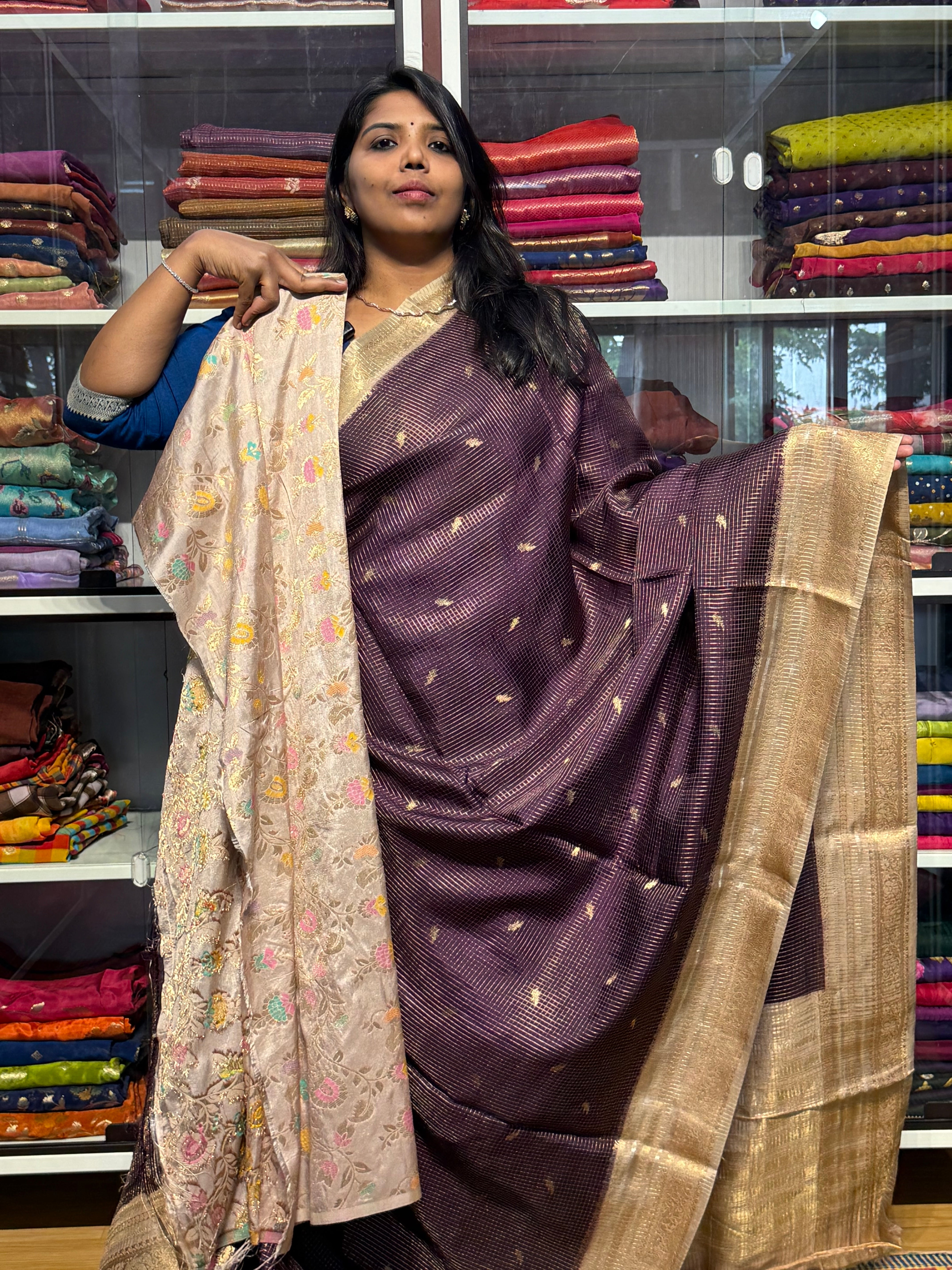 VINTAGE CHECKS SAREE WITH CONTRAST MEENAKARI BLOUSE: WINE