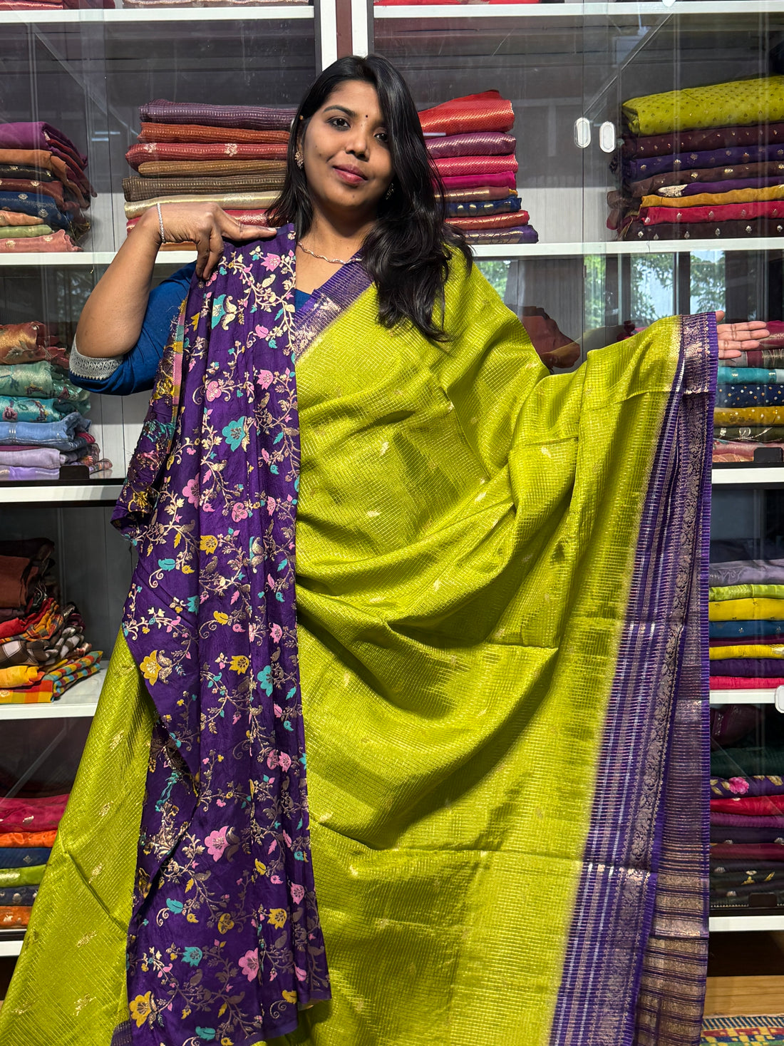 VINTAGE CHECKS SAREE WITH CONTRAST MEENAKARI BLOUSE: GREEN