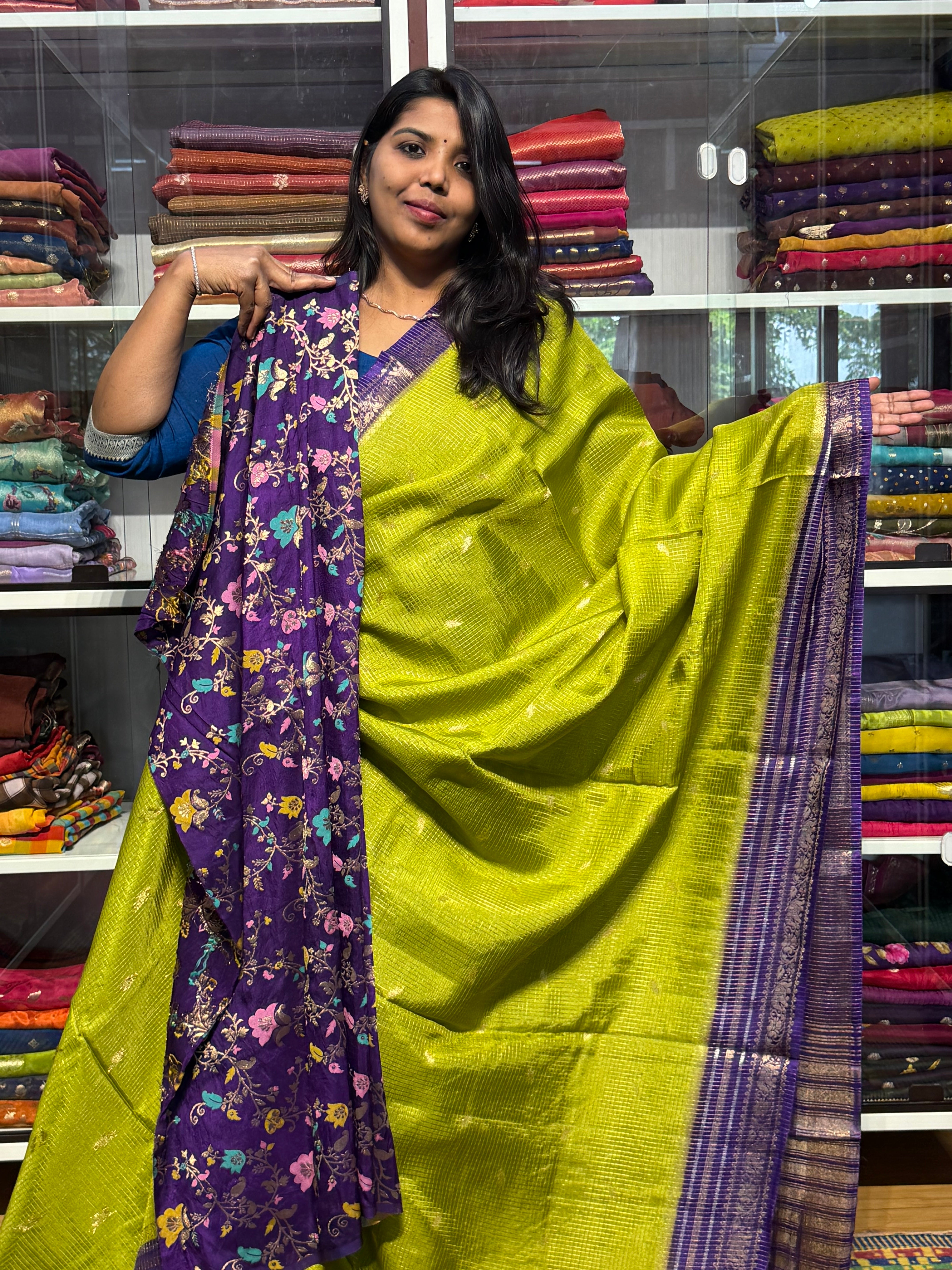 VINTAGE CHECKS SAREE WITH CONTRAST MEENAKARI BLOUSE: GREEN