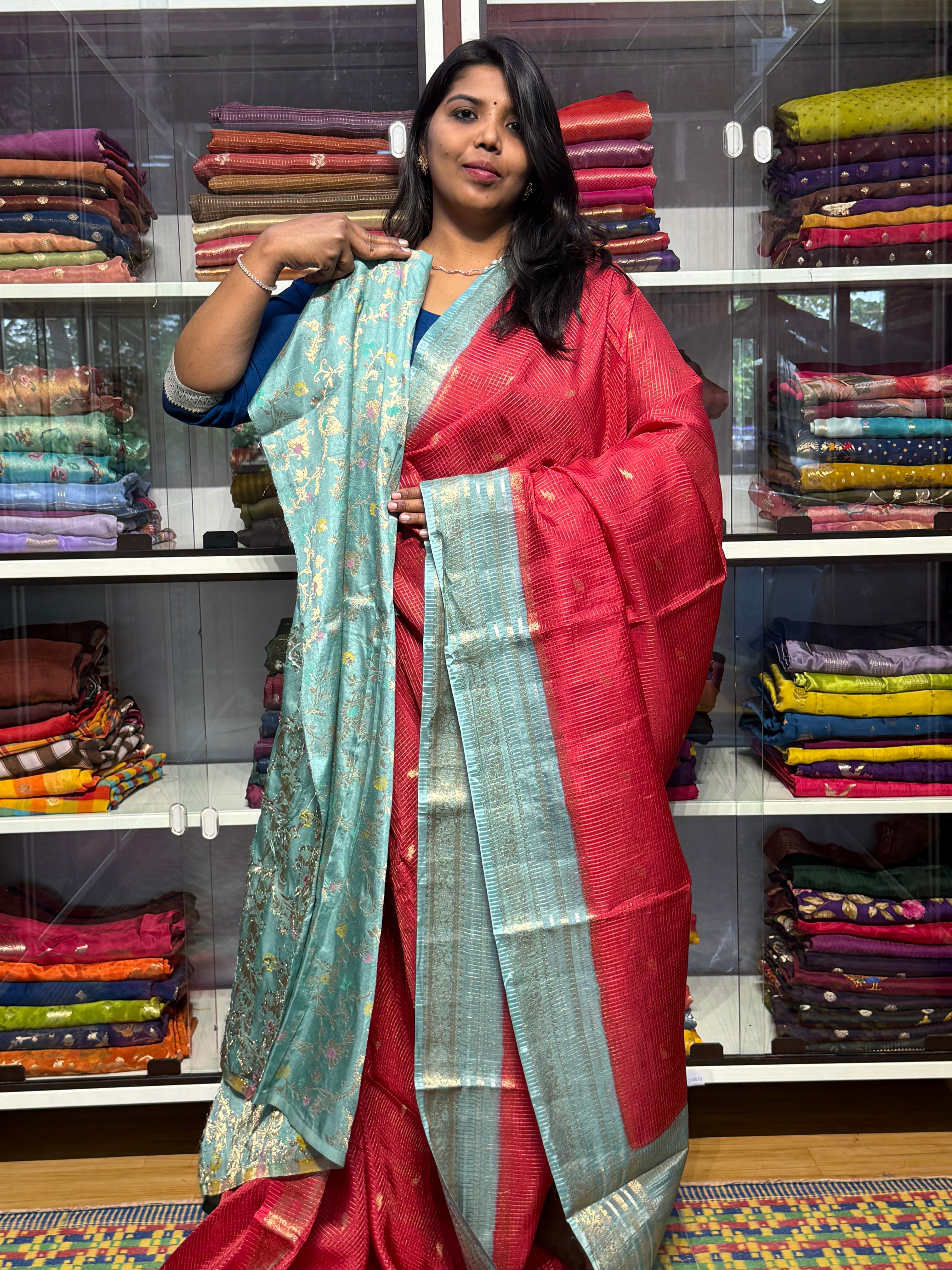 VINTAGE CHECKS SAREE WITH CONTRAST MEENAKARI BLOUSE: PINK