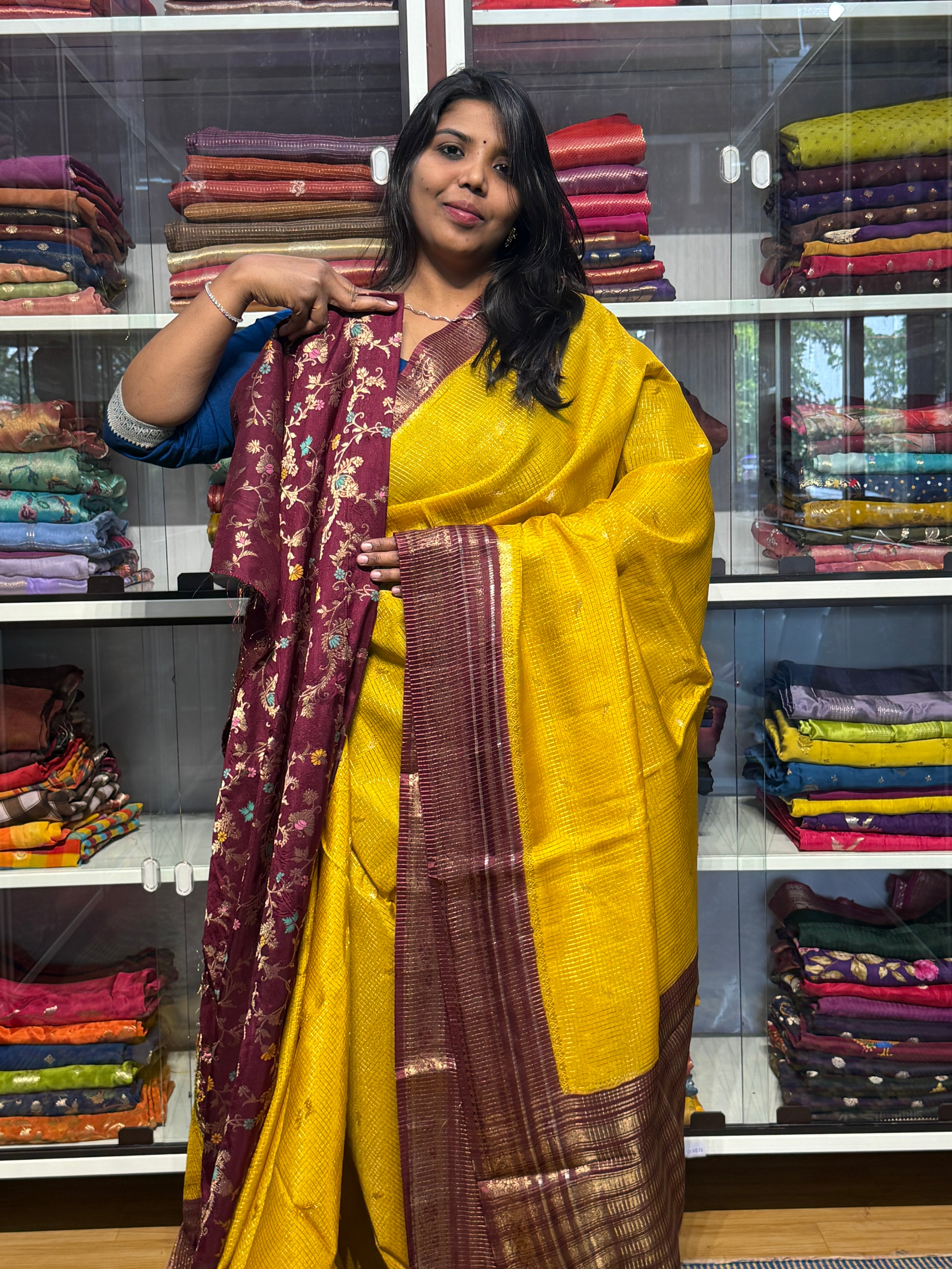 VINTAGE CHECKS SAREE WITH CONTRAST MEENAKARI BLOUSE: YELLOW