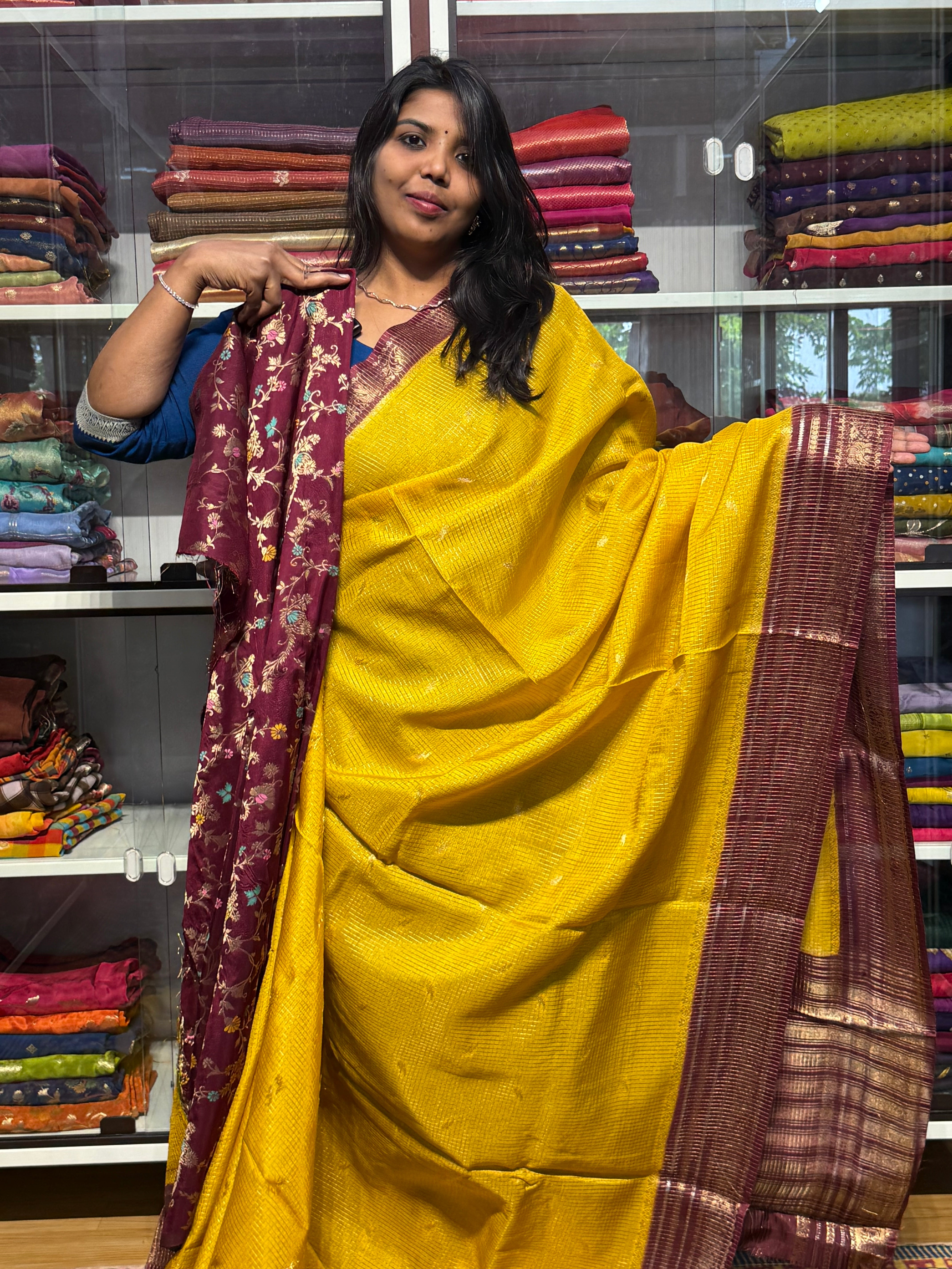 VINTAGE CHECKS SAREE WITH CONTRAST MEENAKARI BLOUSE: YELLOW
