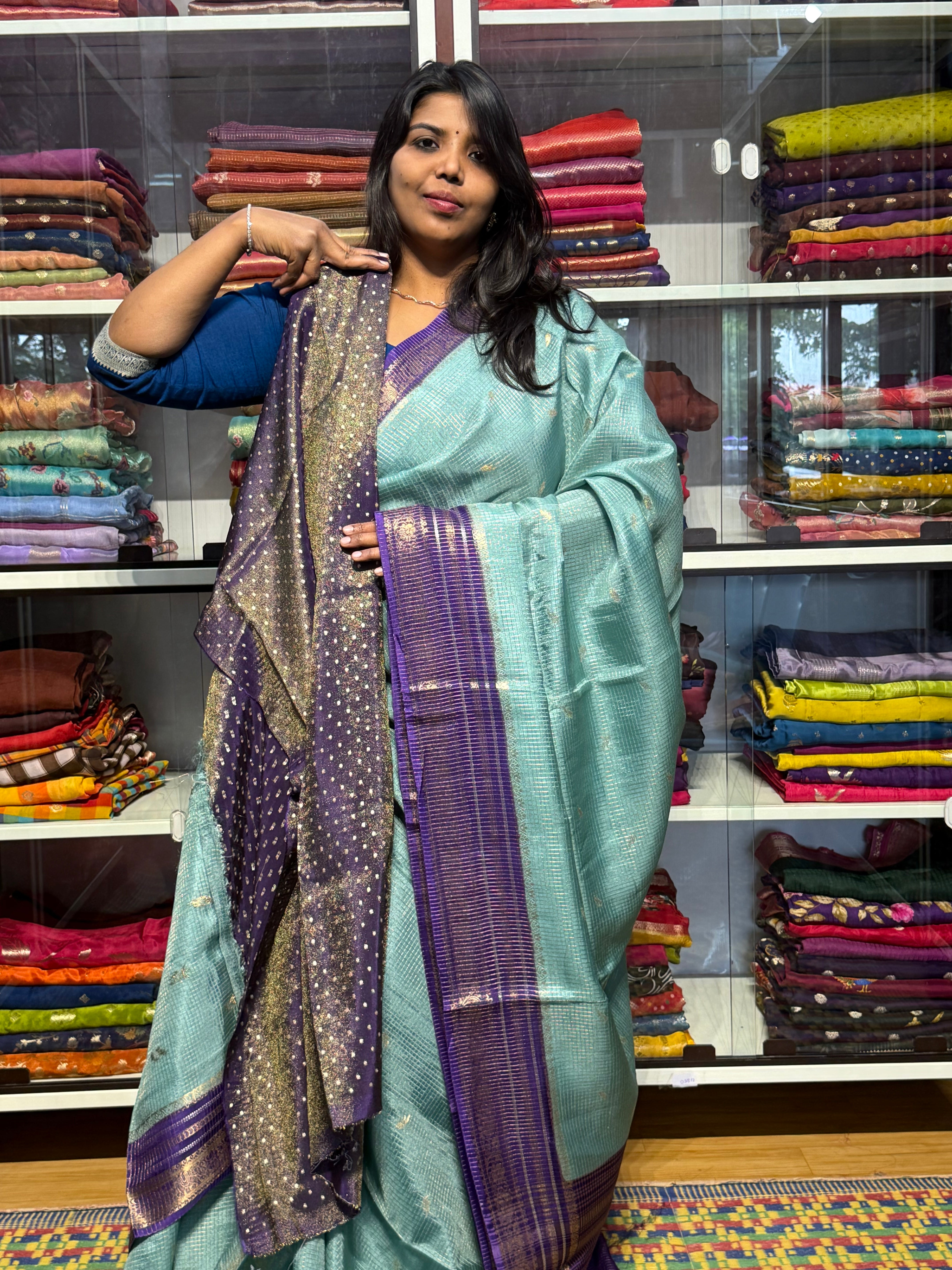VINTAGE CHECKS SAREE WITH CONTRAST MEENAKARI BLOUSE: SEA BLUE