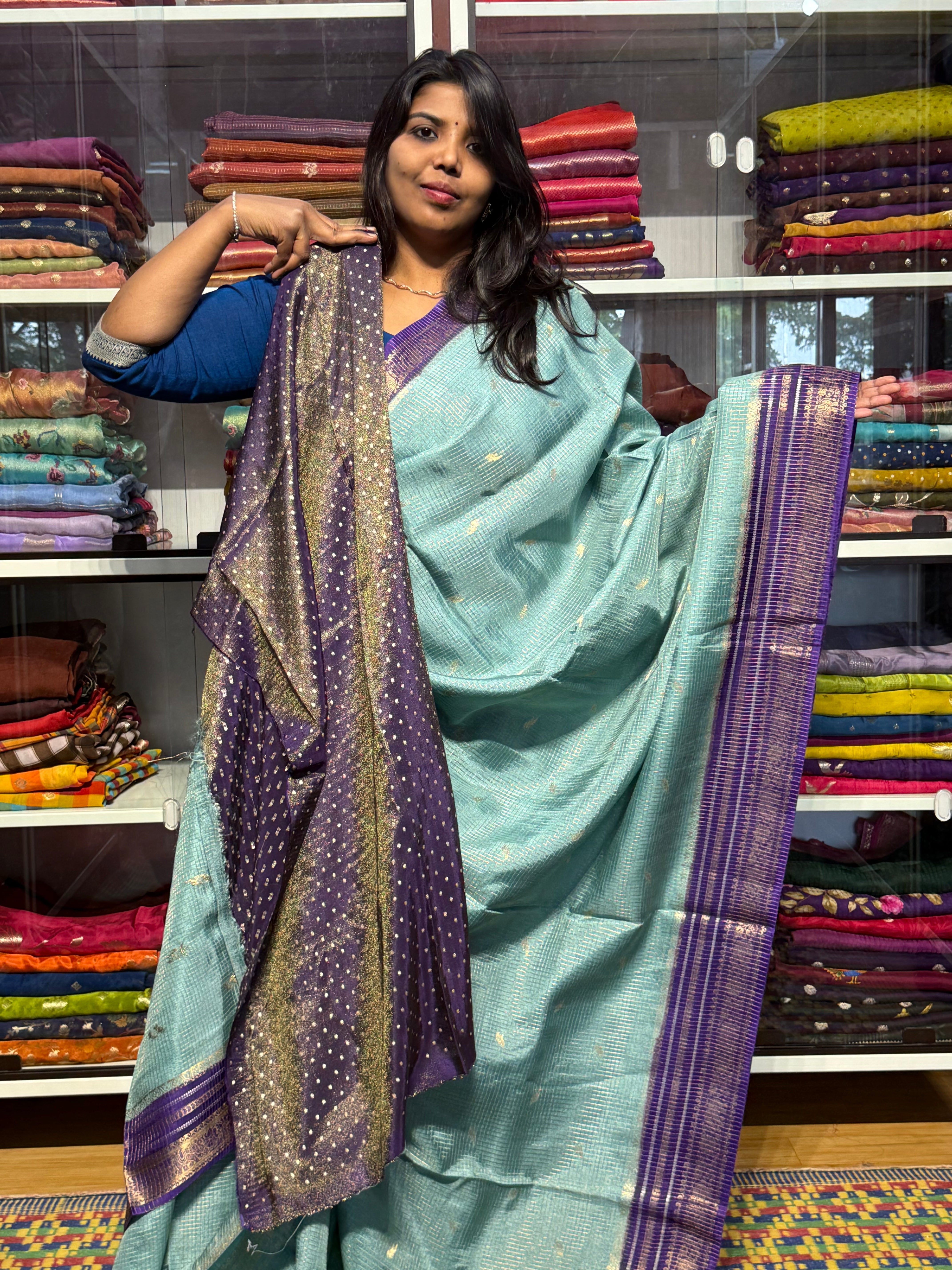 VINTAGE CHECKS SAREE WITH CONTRAST MEENAKARI BLOUSE: SEA BLUE