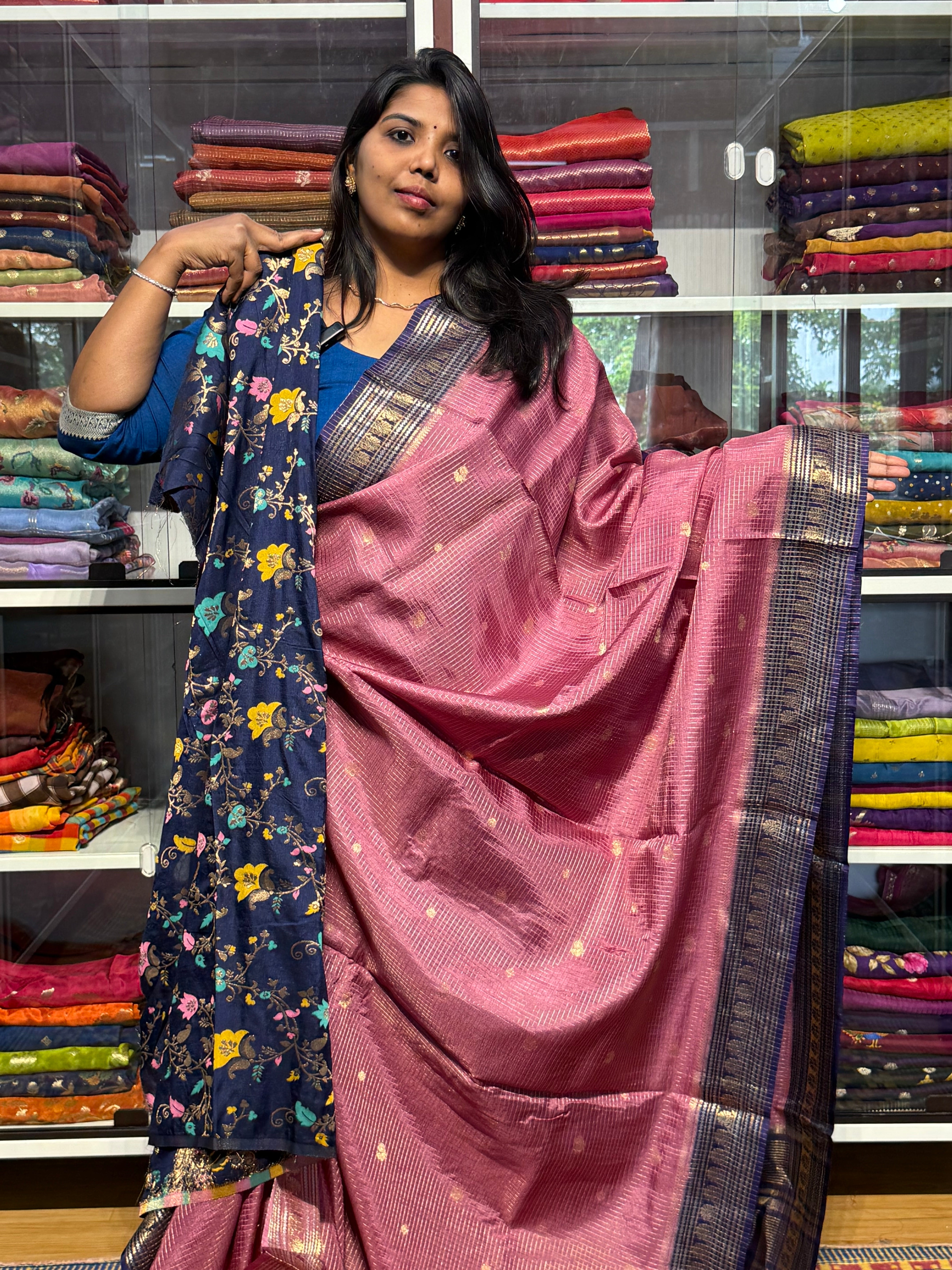 VINTAGE CHECKS SAREE WITH CONTRAST MEENAKARI BLOUSE: ONION PINK