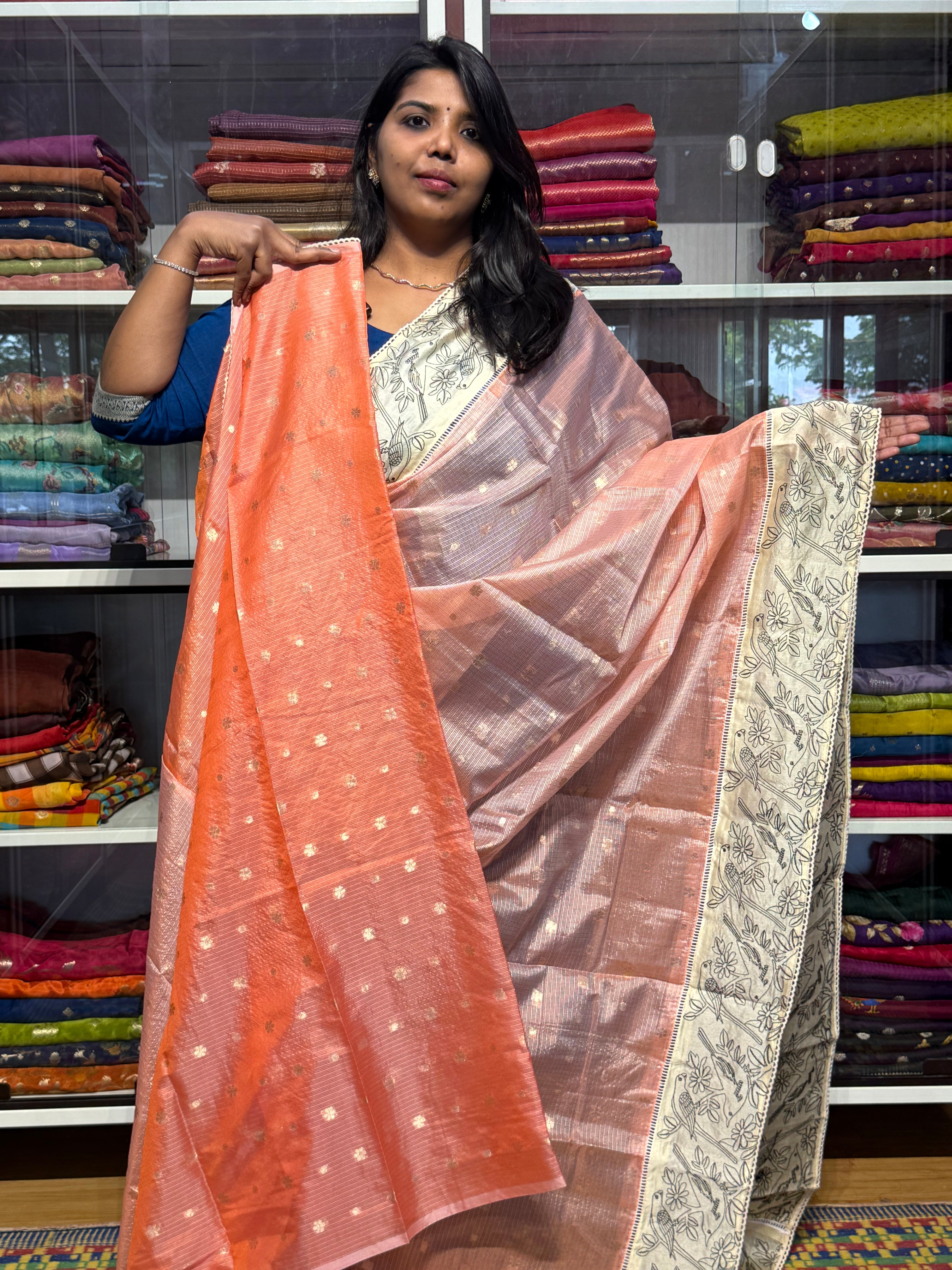 SILK KOTA WITH EMBROIDERY BORDER: PEACH