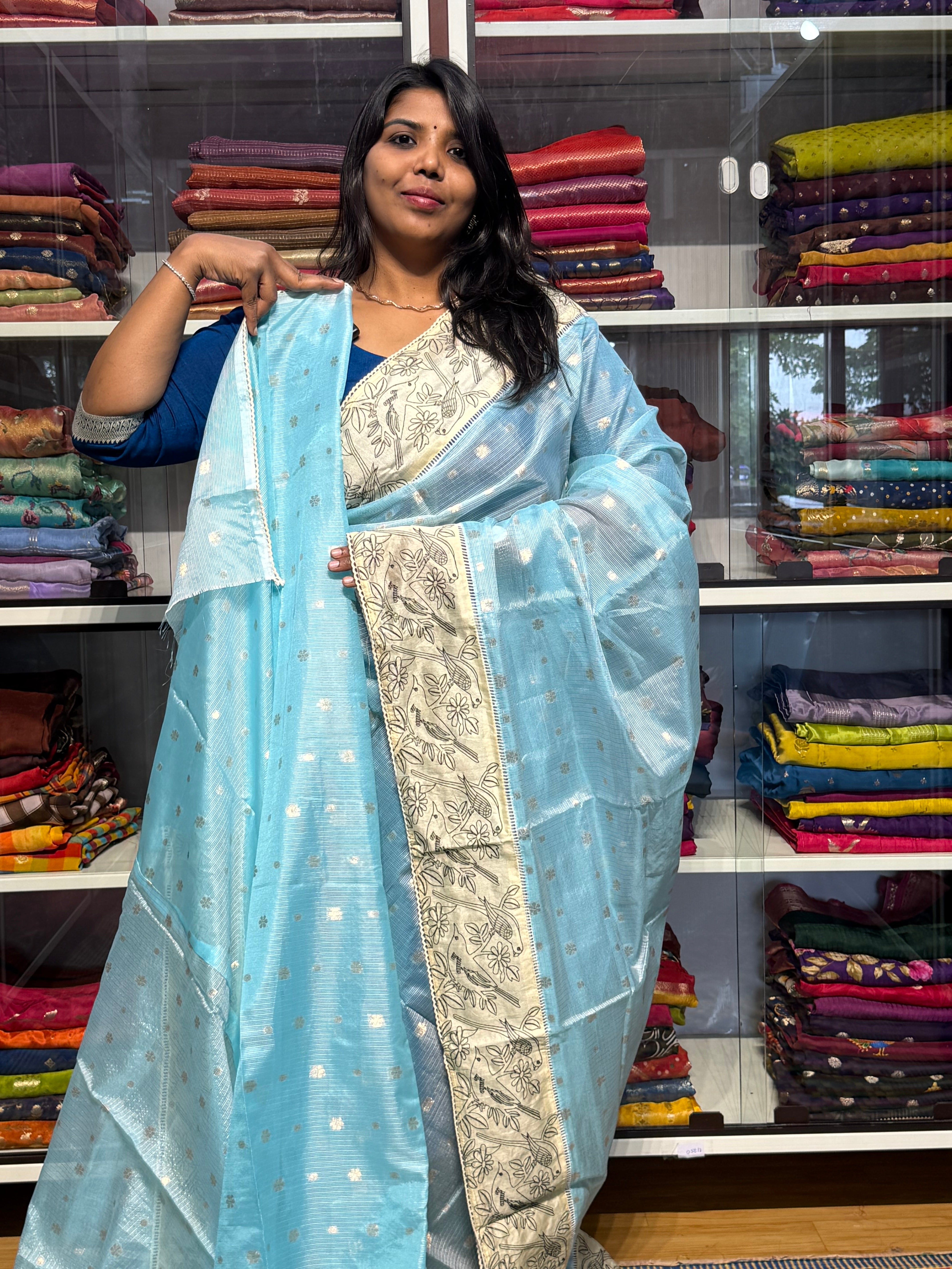 SILK KOTA WITH EMBROIDERY BORDER: SKY BLUE