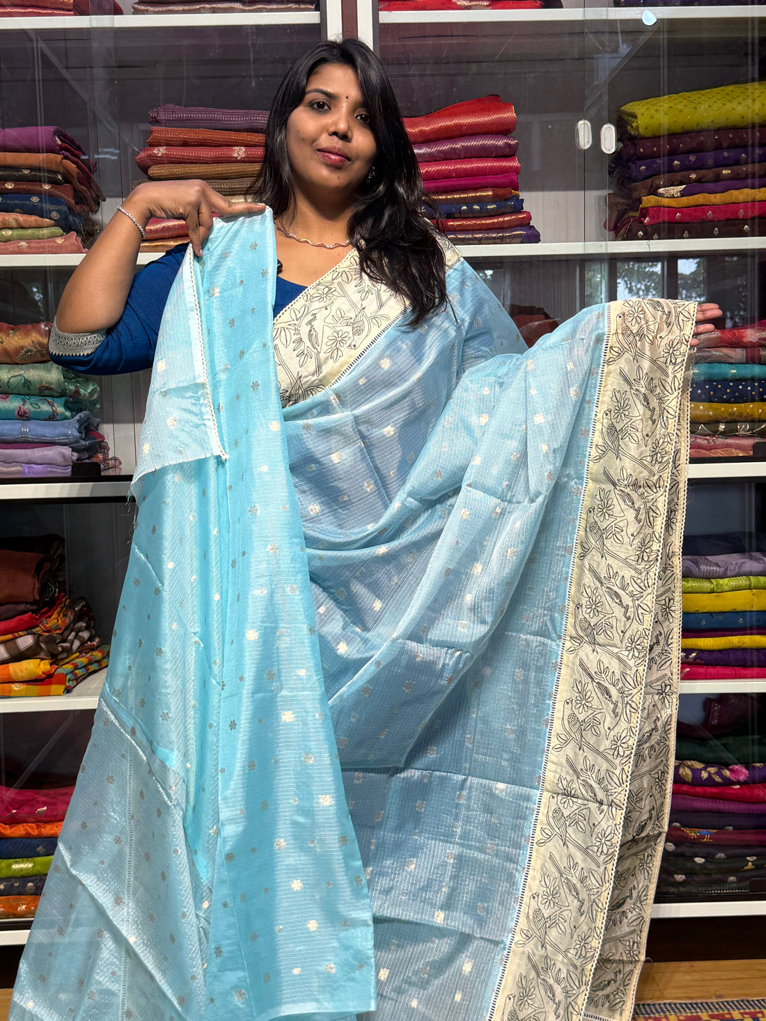 SILK KOTA WITH EMBROIDERY BORDER: SKY BLUE