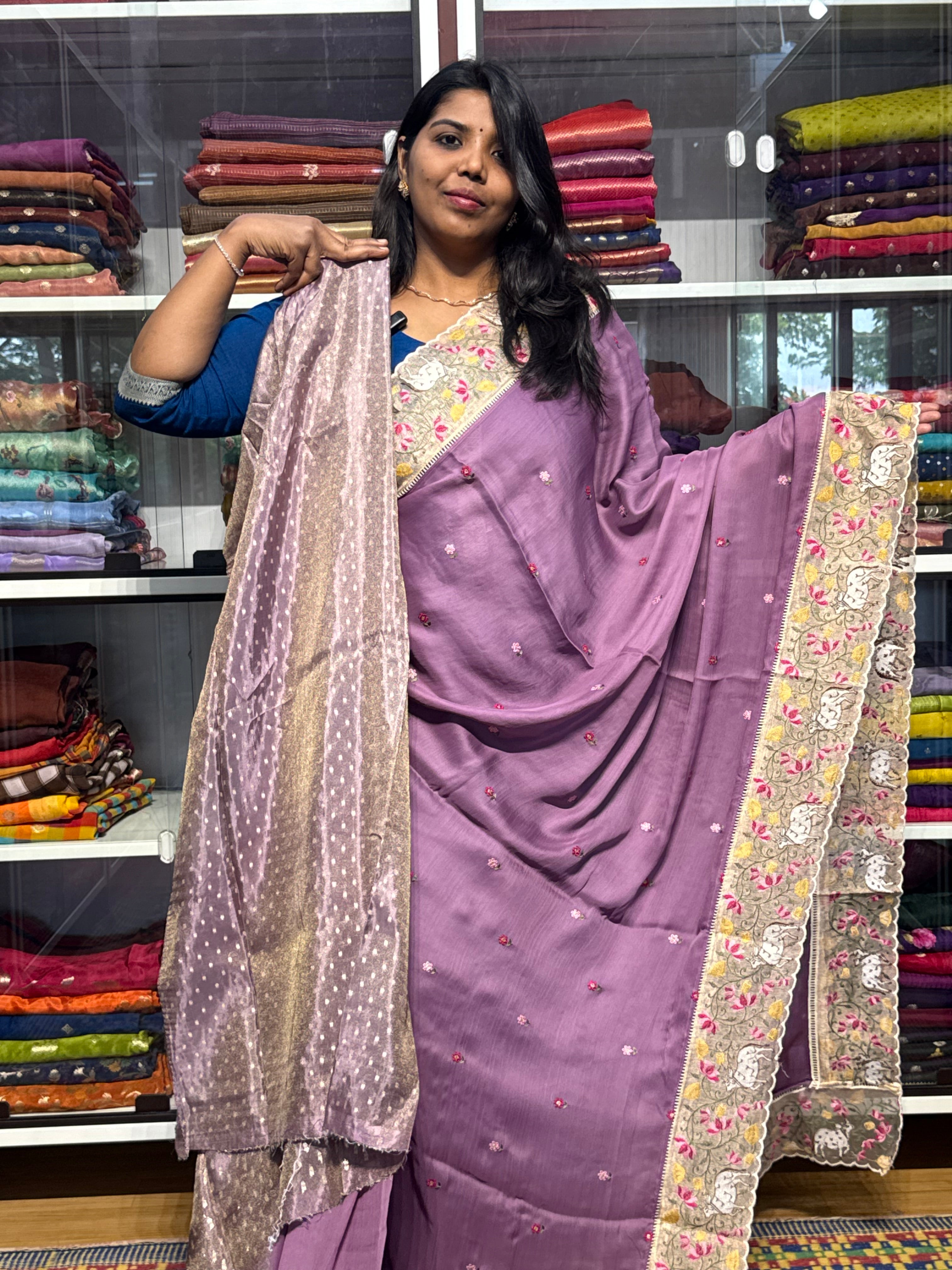 PURE CHIFFON WITH PICHWAI EMBROIDERY TISSUE ORGANZA BORDER: LAVENDER