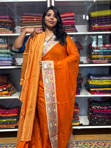 PURE CHIFFON WITH PICHWAI EMBROIDERY TISSUE ORGANZA BORDER: ORANGE