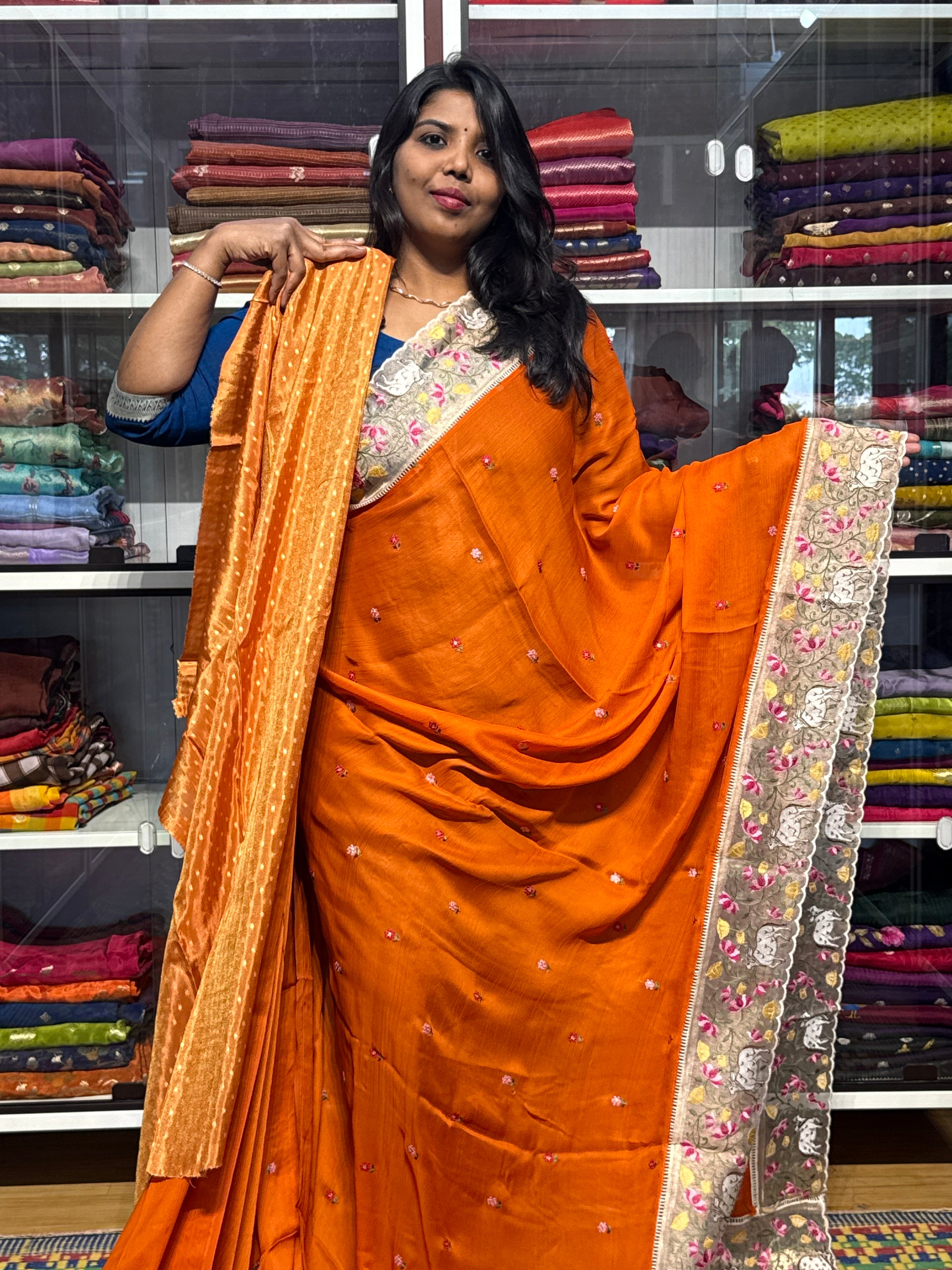 PURE CHIFFON WITH PICHWAI EMBROIDERY TISSUE ORGANZA BORDER: ORANGE