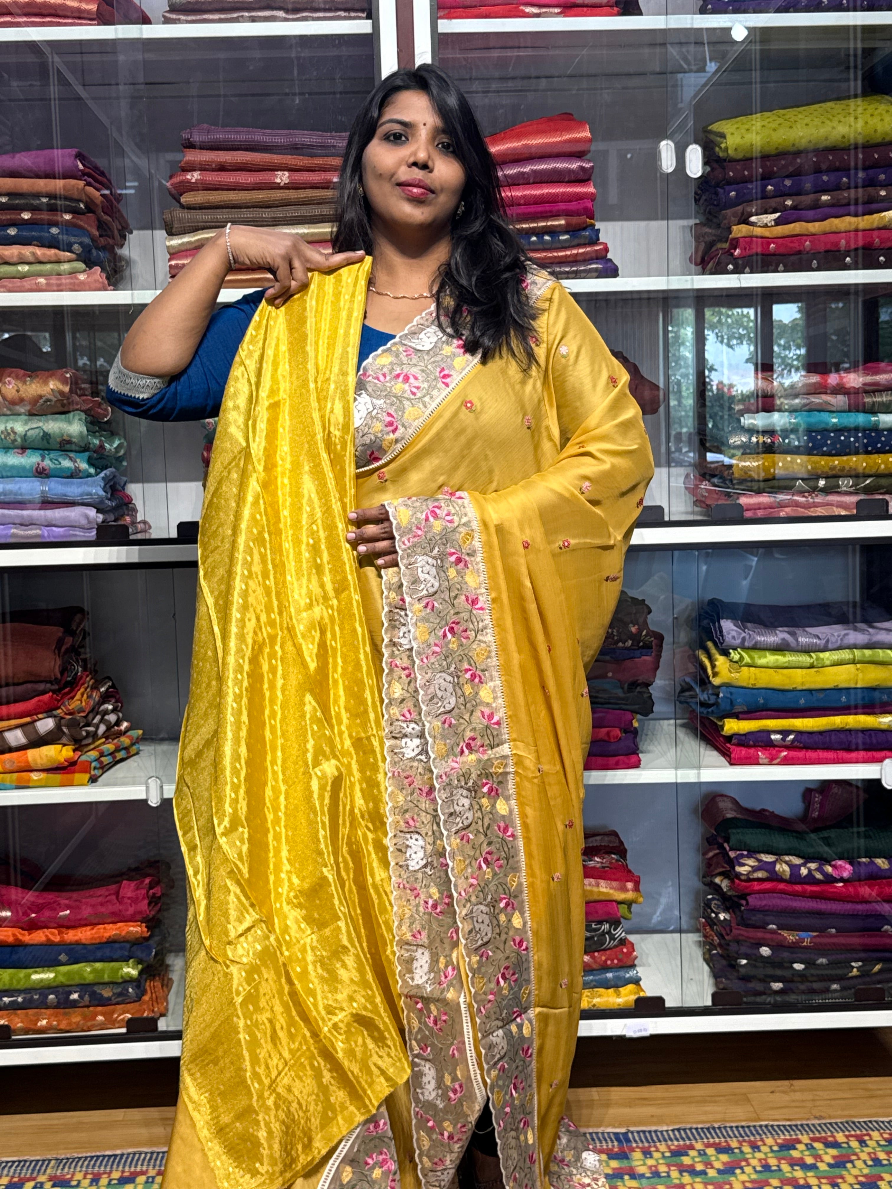 PURE CHIFFON WITH PICHWAI EMBROIDERY TISSUE ORGANZA BORDER: YELLOW