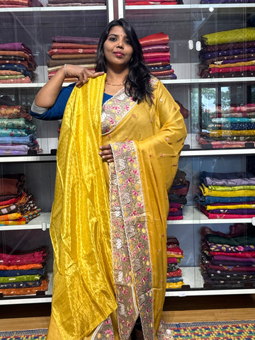 PURE CHIFFON WITH PICHWAI EMBROIDERY TISSUE ORGANZA BORDER: YELLOW