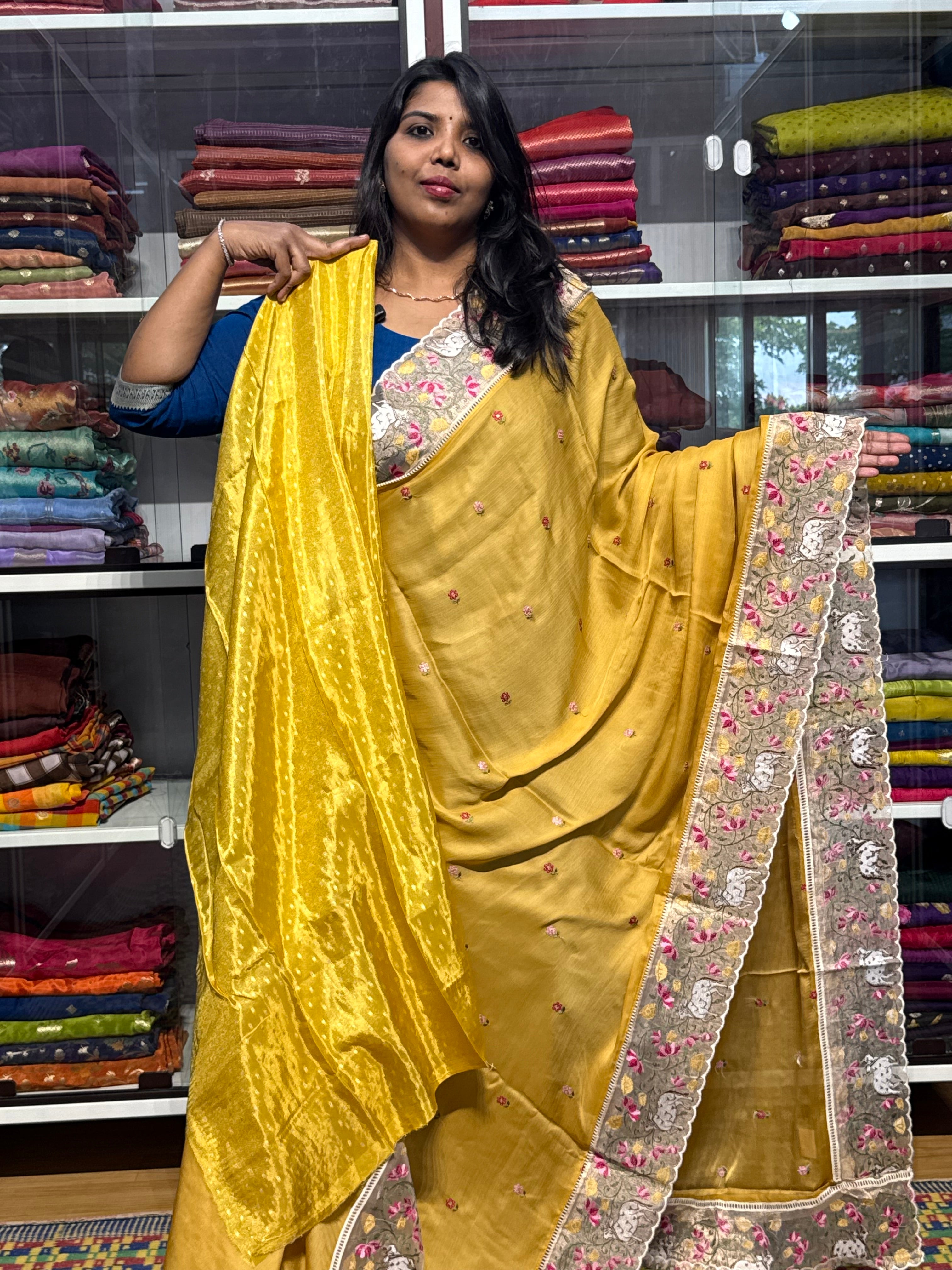 PURE CHIFFON WITH PICHWAI EMBROIDERY TISSUE ORGANZA BORDER: YELLOW