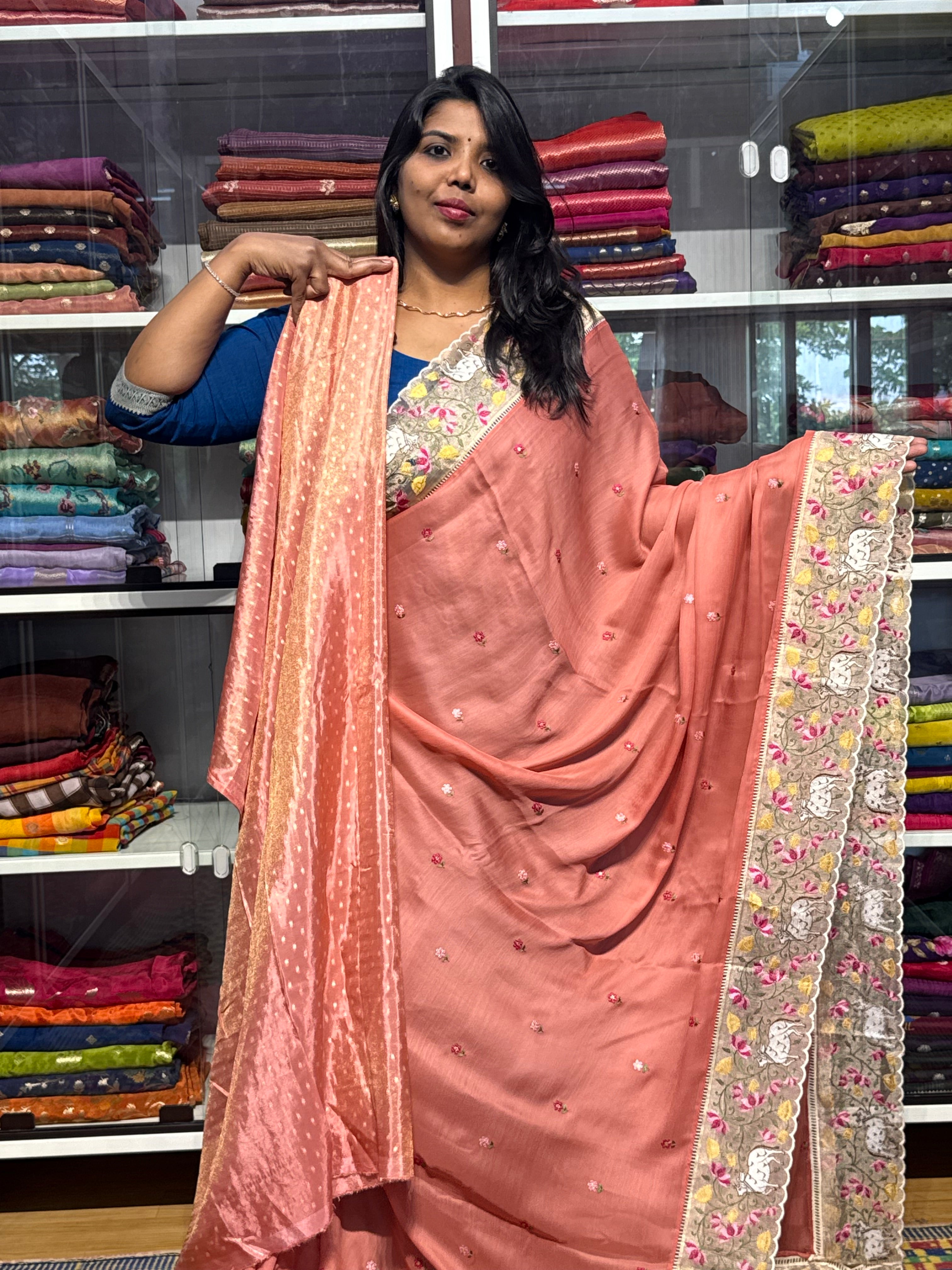 PURE CHIFFON WITH PICHWAI EMBROIDERY TISSUE ORGANZA BORDER: COPPER PINK