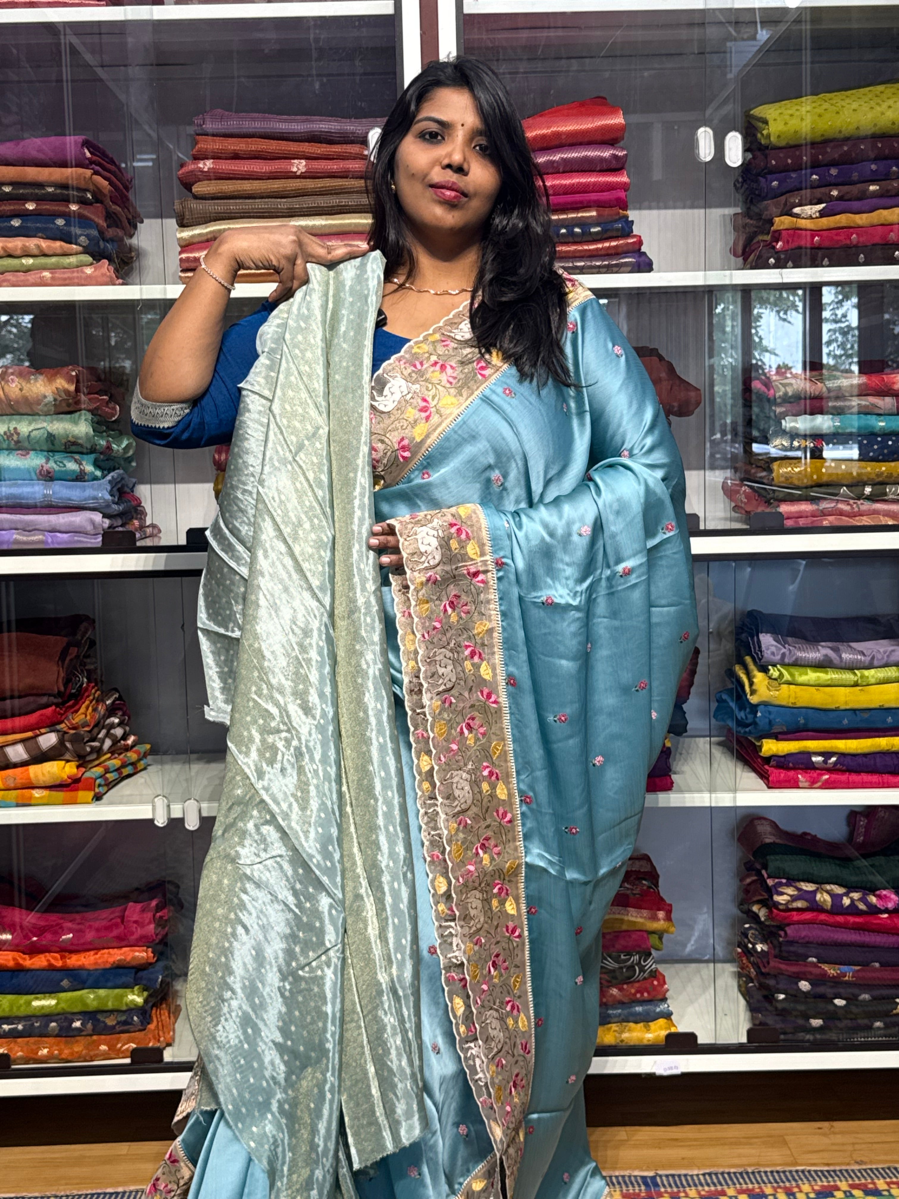 PURE CHIFFON WITH PICHWAI EMBROIDERY TISSUE ORGANZA BORDER: ICE BLUE
