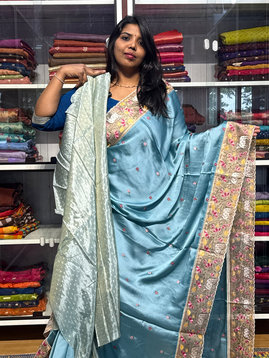 PURE CHIFFON WITH PICHWAI EMBROIDERY TISSUE ORGANZA BORDER: ICE BLUE