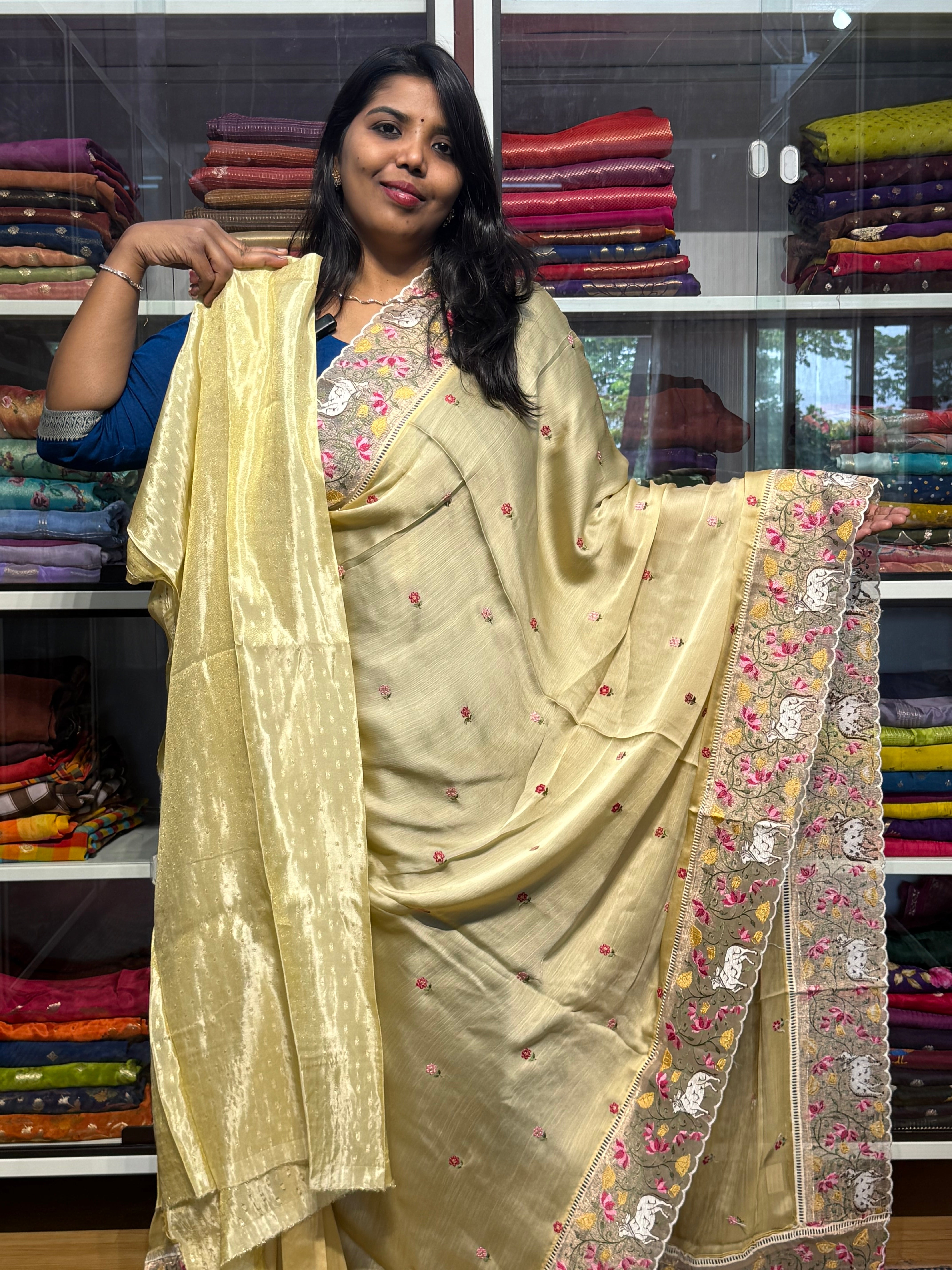 PURE CHIFFON WITH PICHWAI EMBROIDERY TISSUE ORGANZA BORDER: CREAM
