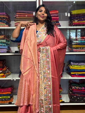 PURE CHIFFON SARESS WITH BIRDS EMBROIDERY SCALLOP BORDER AND MIRROR WORK: COPPER