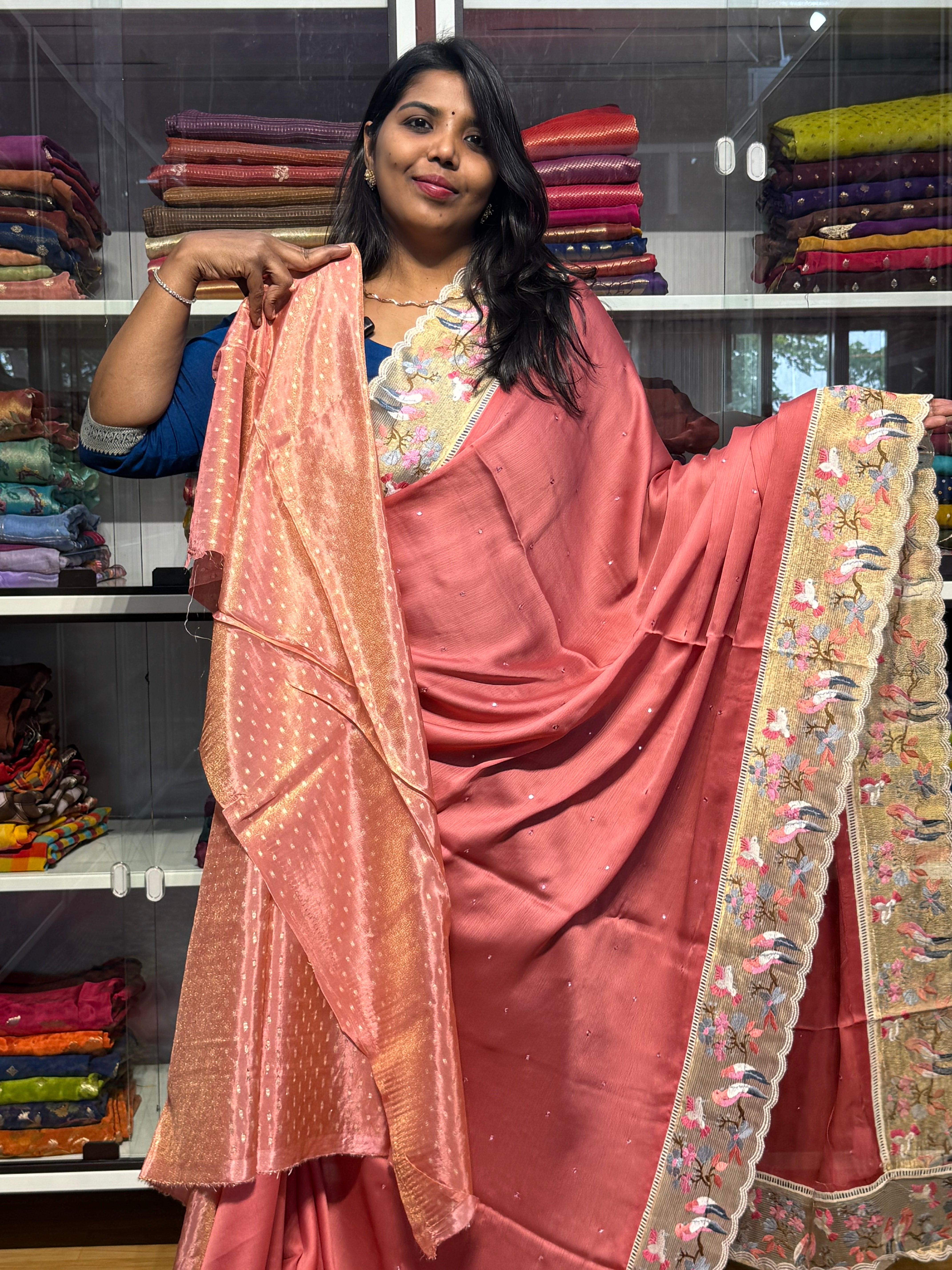 PURE CHIFFON SARESS WITH BIRDS EMBROIDERY SCALLOP BORDER AND MIRROR WORK: COPPER