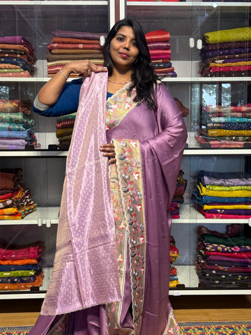 PURE CHIFFON SARESS WITH BIRDS EMBROIDERY SCALLOP BORDER AND MIRROR WORK: LAVENDER