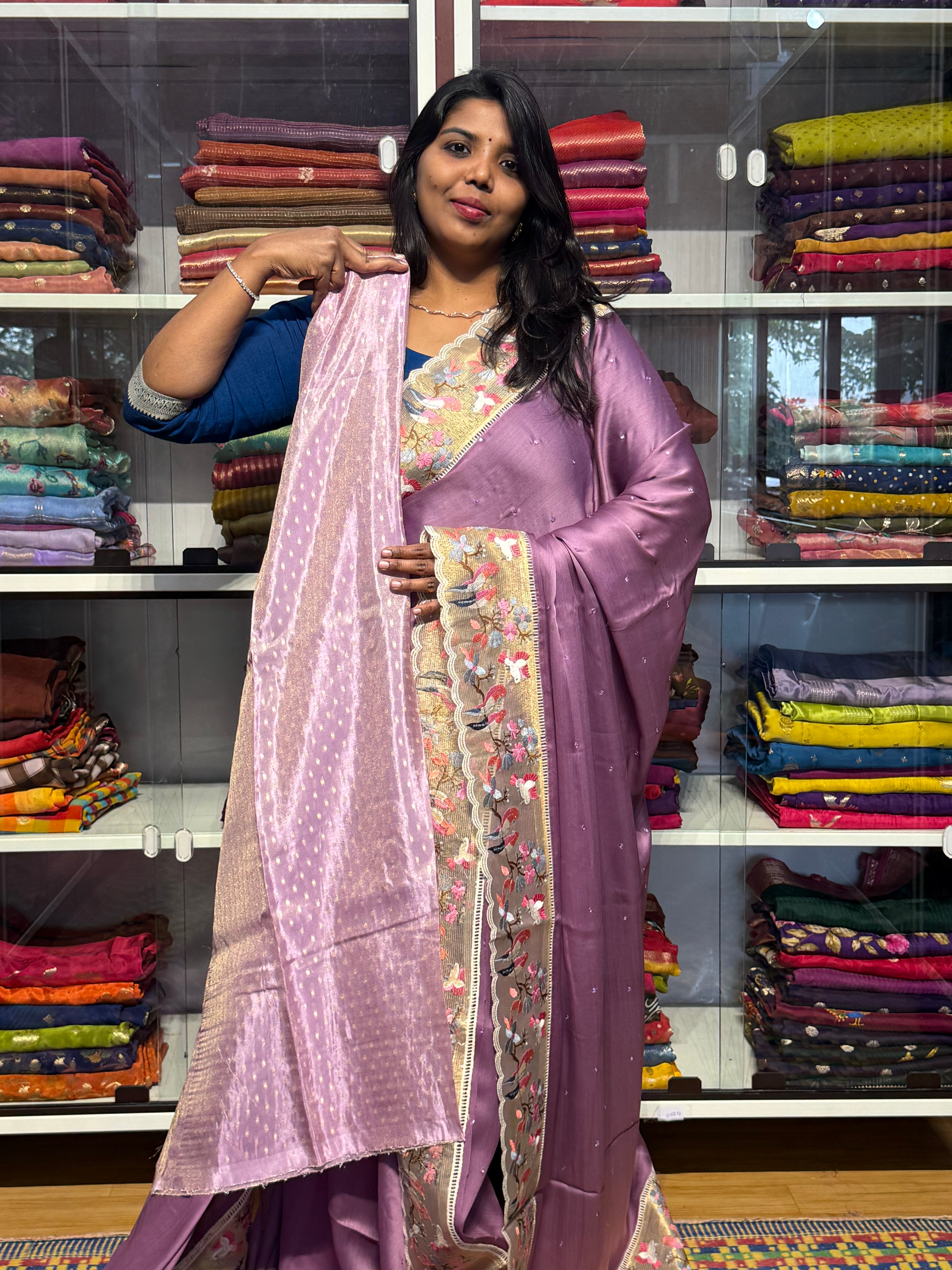PURE CHIFFON SARESS WITH BIRDS EMBROIDERY SCALLOP BORDER AND MIRROR WORK: LAVENDER