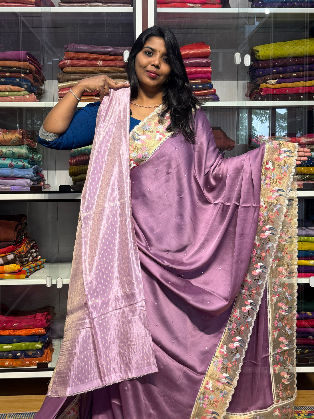 PURE CHIFFON SARESS WITH BIRDS EMBROIDERY SCALLOP BORDER AND MIRROR WORK: LAVENDER