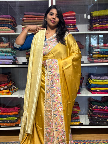 PURE CHIFFON SARESS WITH BIRDS EMBROIDERY SCALLOP BORDER AND MIRROR WORK: YELLOW