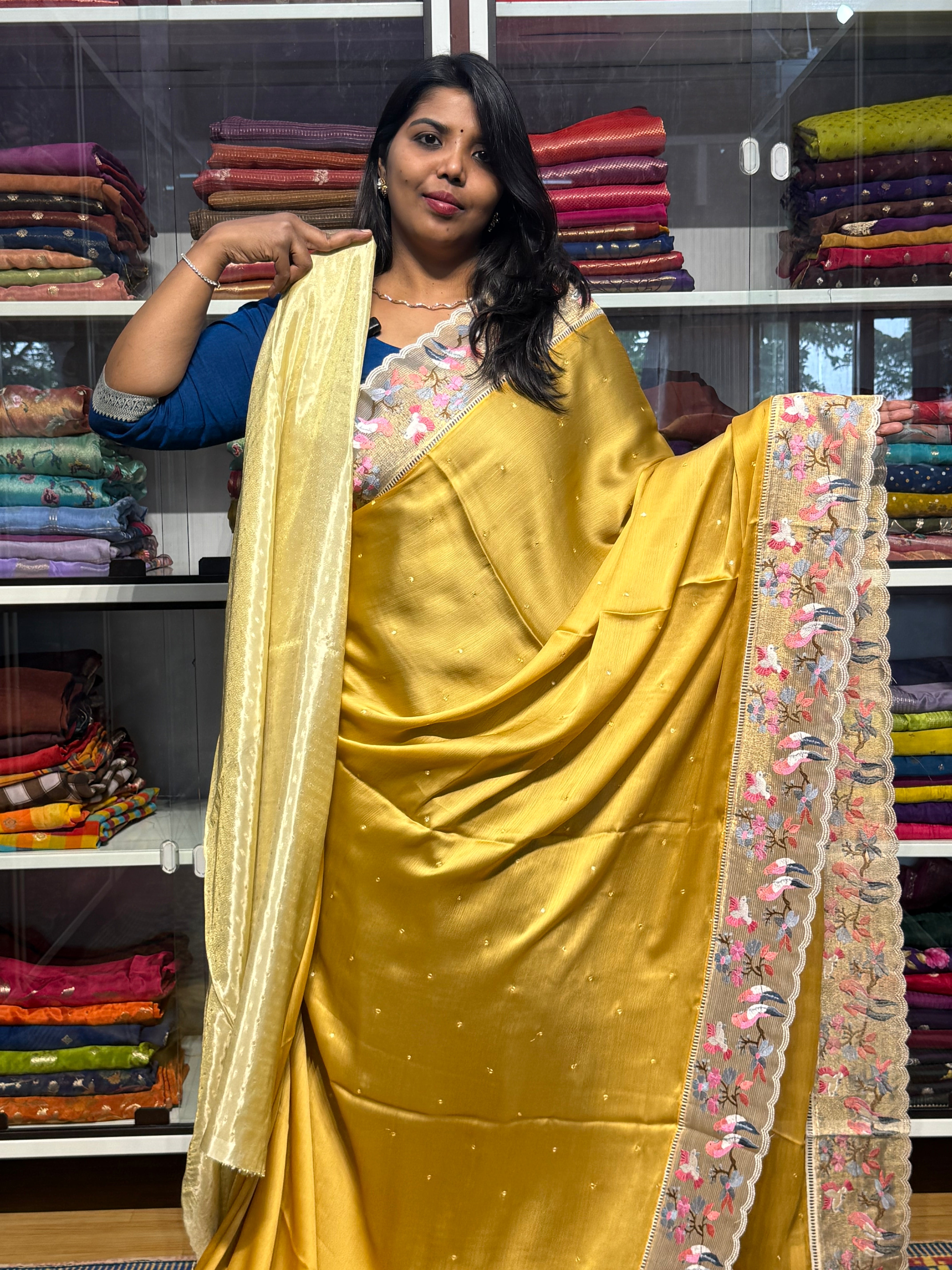 PURE CHIFFON SARESS WITH BIRDS EMBROIDERY SCALLOP BORDER AND MIRROR WORK: YELLOW